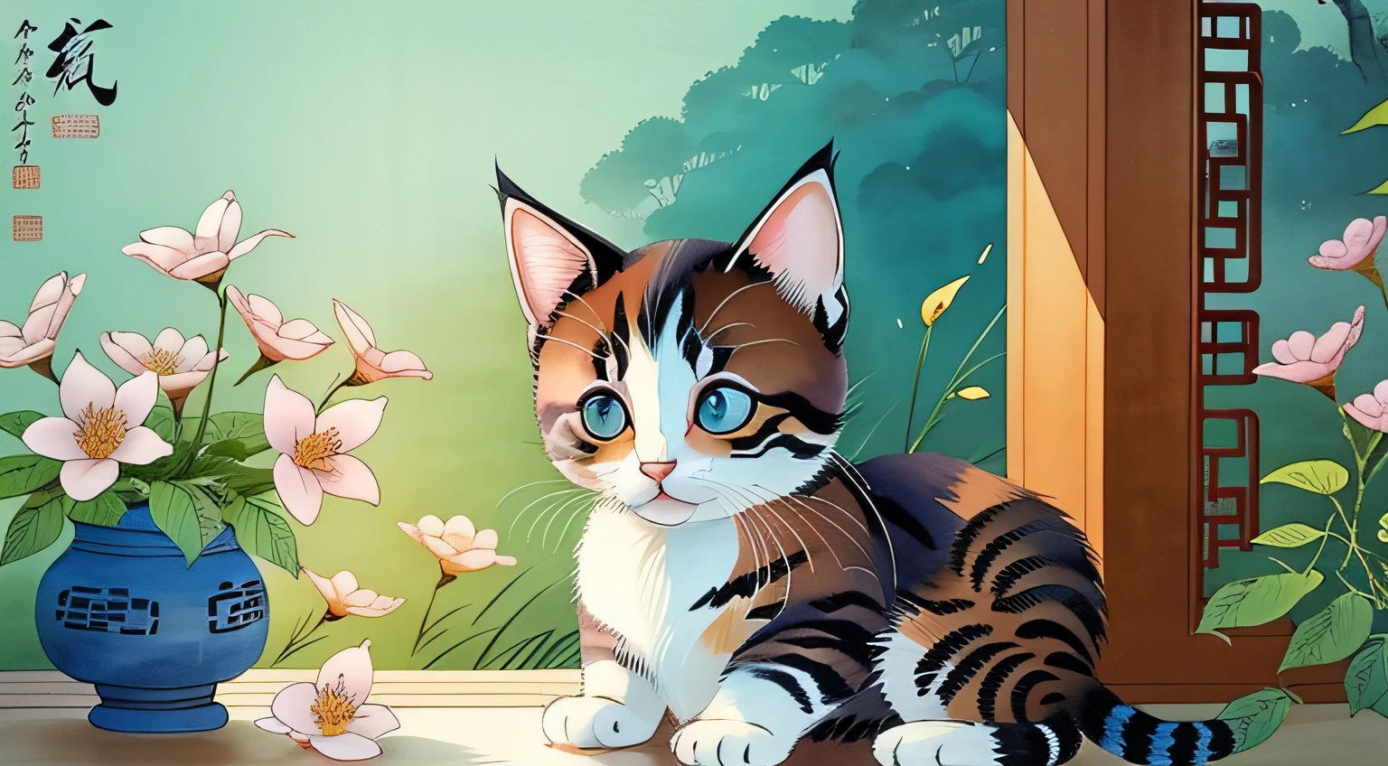 Painting of kitten catching butterfly in garden, cat close-up, detailed cat, high detail, Chinese brush illustration, Chinese painting style, Chinese traditional painting, Chinese traditional ink painting, Chinese style painting, Chinese watercolor style, Chinese ink painting, beautiful artwork illustration, inspired by Xiao Yuncong, Chinese traditional art, Chinese painting, Zhongyuan Festival, inspired by Wang Yuanqi