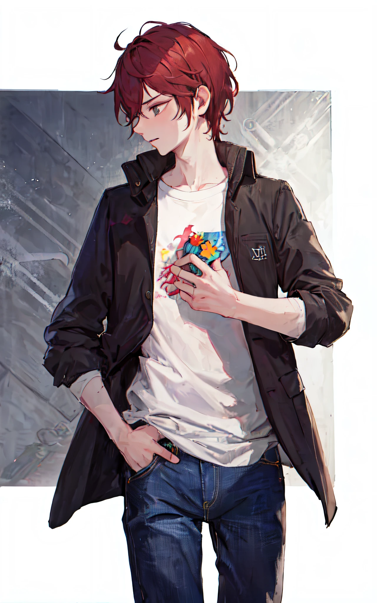 Kannba,1boy,cowboyshot,jeans,t-shirt,