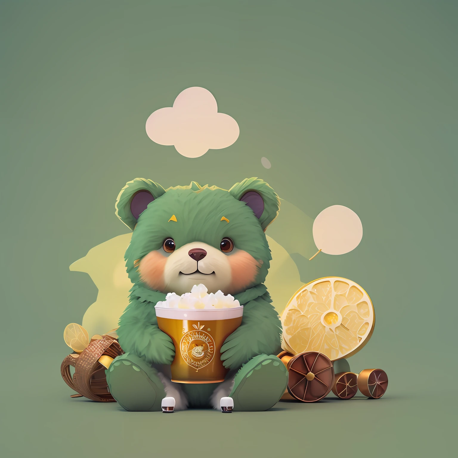 There is a yellow bear sitting with a beer, cute 3d rendering, cute detailed digital art, cute digital painting, 3d rendering stylization, cute digital art, stylized 3d rendering, highly detailed illustration, highly detailed illustration. C4D, cute illustration, pastel 3D rendering, high detail illustration