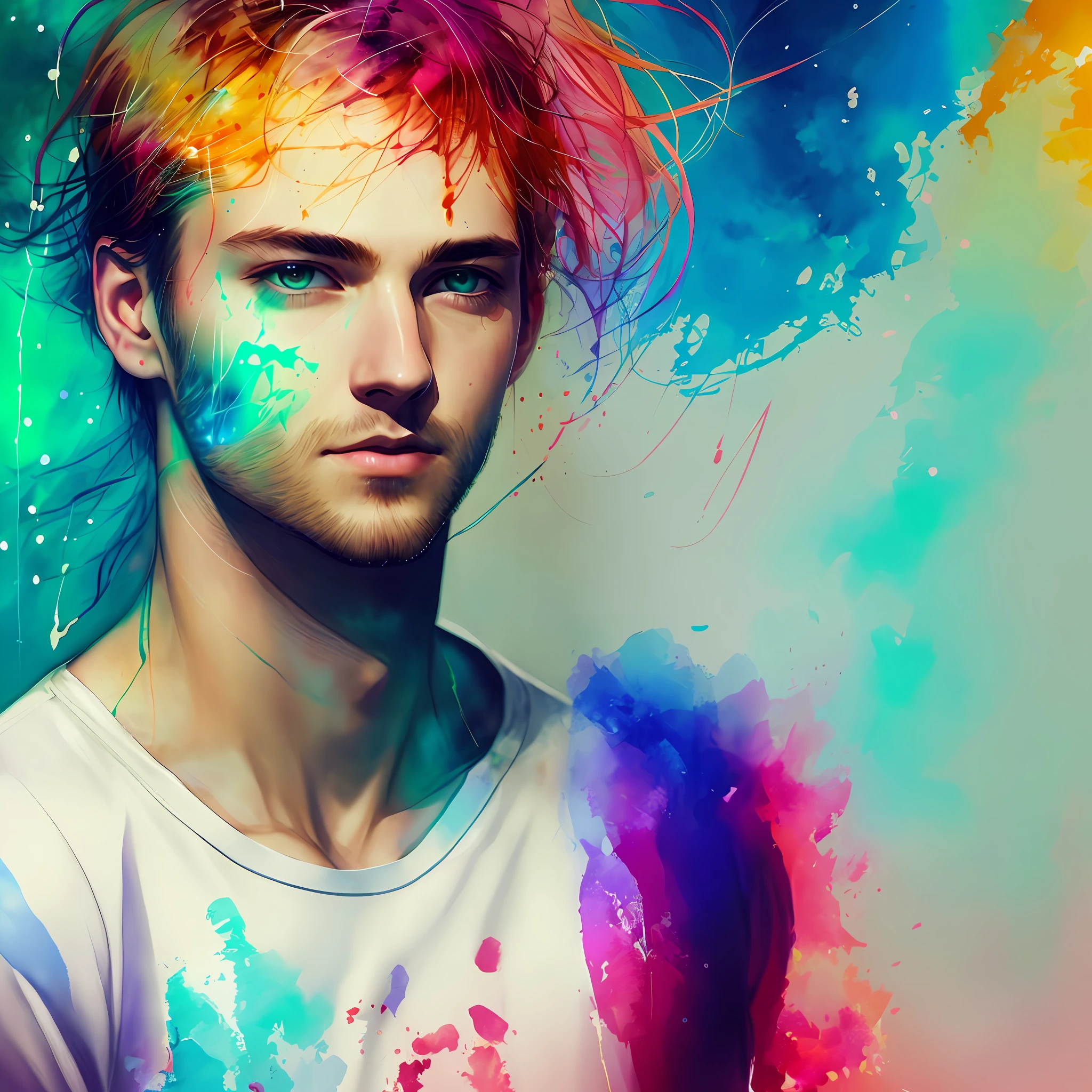 a man with colorful hair and blue eyes and a white shirt, solo, colorful digital painting, vibrant digital painting, photoshop art, color portrait, inspired by Sam Spratt, amazing digital art, gorgeous digital art, intense watercolor, digital painting style, realistic digital painting, fantasy male portrait, high quality portrait, inspiring digital art, digital art high quality, highly realistic digital art
