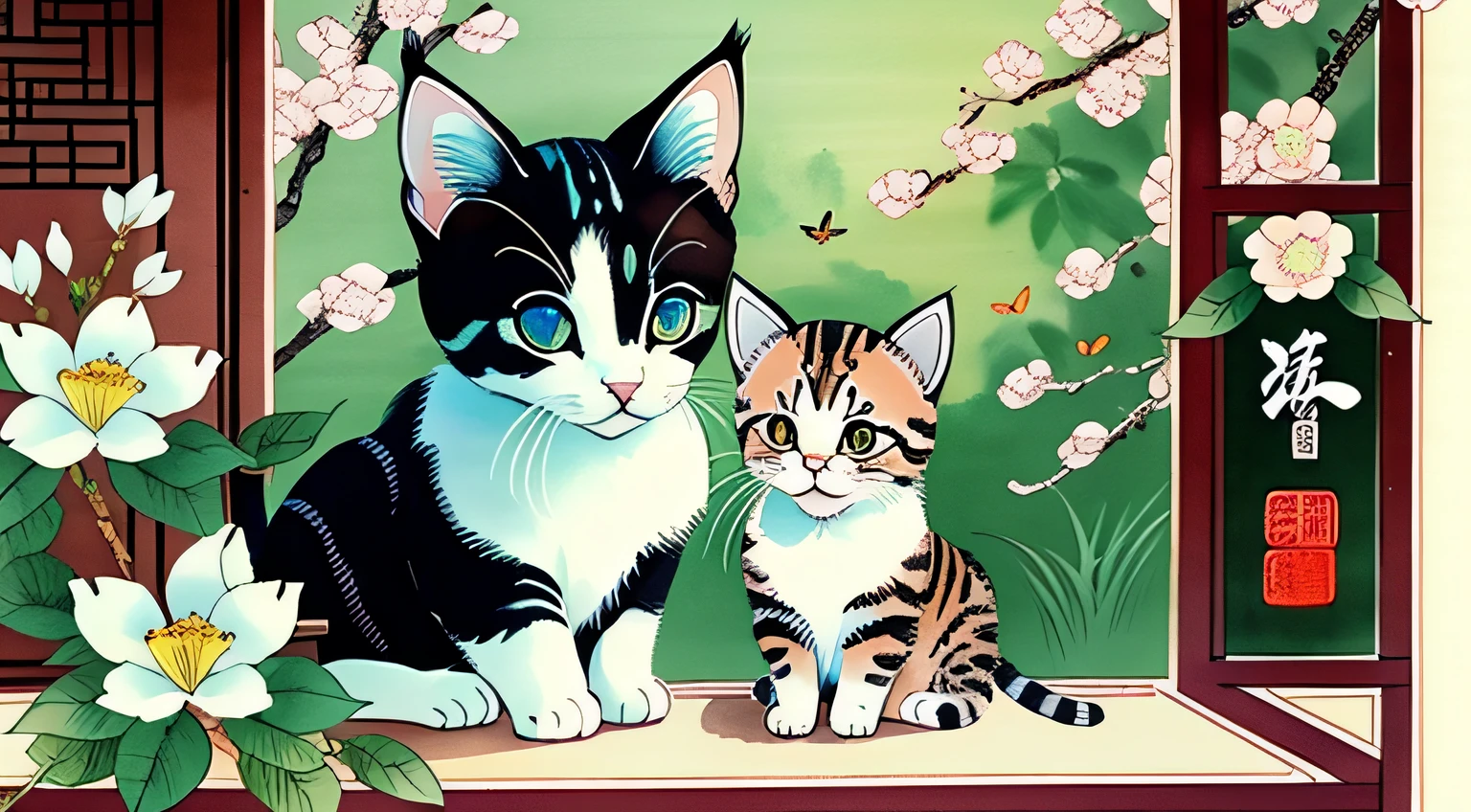 Painting of kitten catching butterfly in garden, cat close-up, detailed cat, high detail, Chinese brush illustration, Chinese painting style, Chinese traditional painting, Chinese traditional ink painting, Chinese style painting, Chinese watercolor style, Chinese ink painting, beautiful artwork illustration, inspired by Xiao Yuncong, Chinese traditional art, Chinese painting, Zhongyuan Festival, inspired by Wang Yuanqi