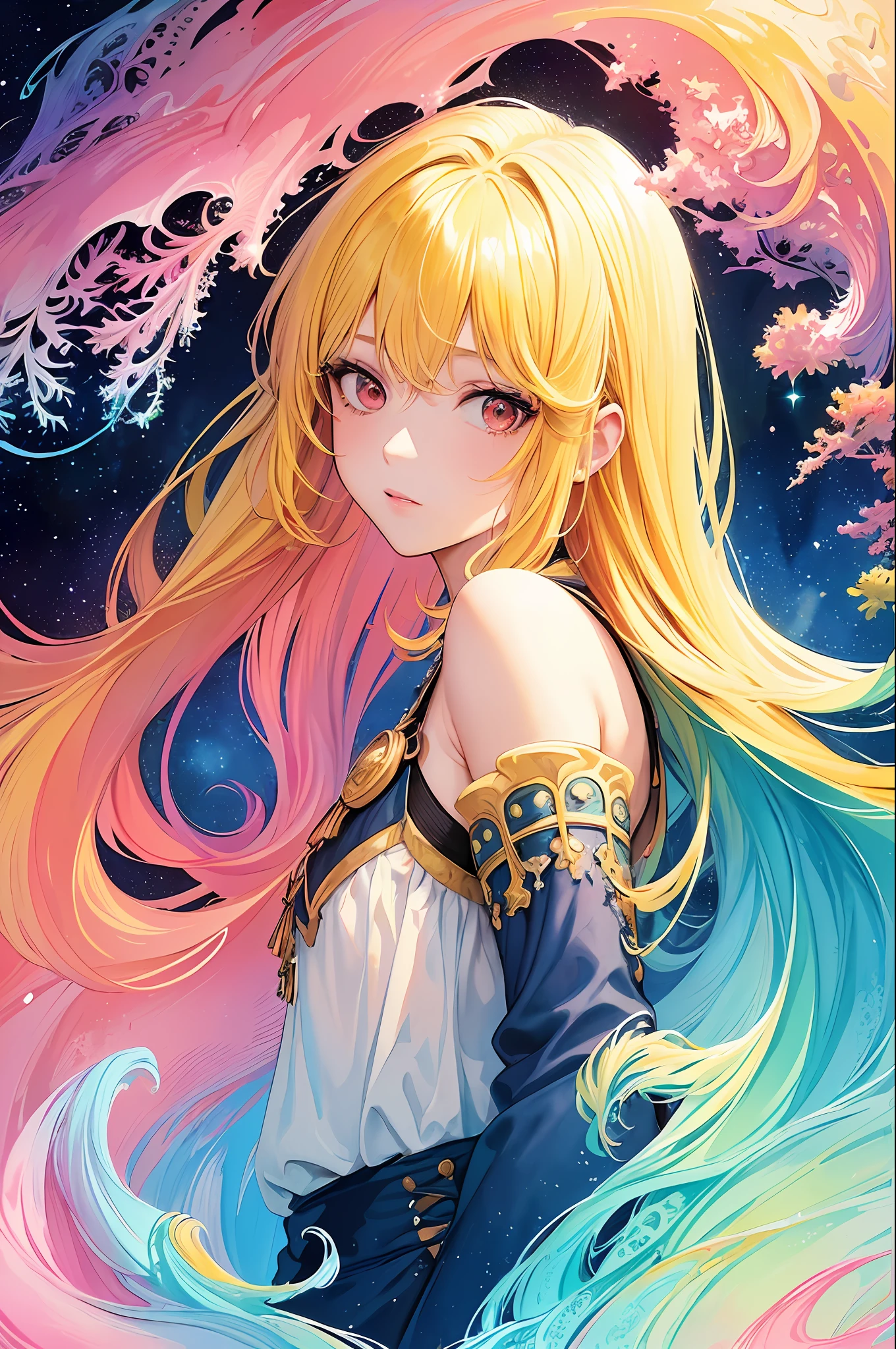 (masterpiece, top quality, best quality,watercolor (medium),official art, beautiful and aesthetic:1.2),(1girl:1.3), (fractal art:1.3),upper body, from side, looking at viewer,patterns,(yellow hair,half blue and half pink hair:1.2),water,liquid, cloud,colorful, starry,stars, red eyes