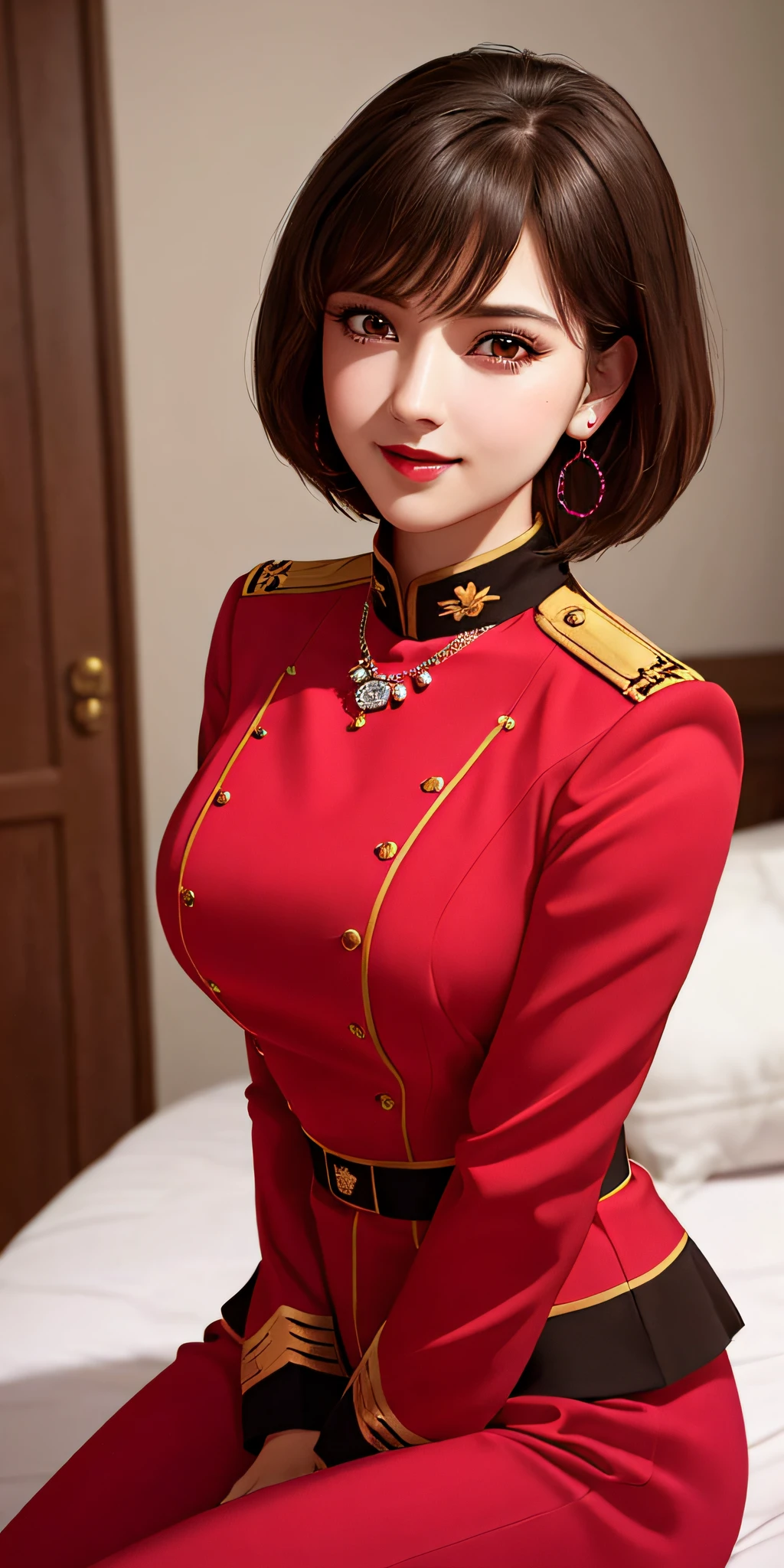 sitting on bed, aroused, necklace, earrings, full body, short brown hair, red military uniform, superb, ultra-high-definition, RAW photo, realism: 1.25), (bright lip gloss, long eyelashes, smooth face , bright skin, natural shadows, wide light, wide light, depth of field, strong colors, subtle caustics: 0.8), smile, (big tits), v6