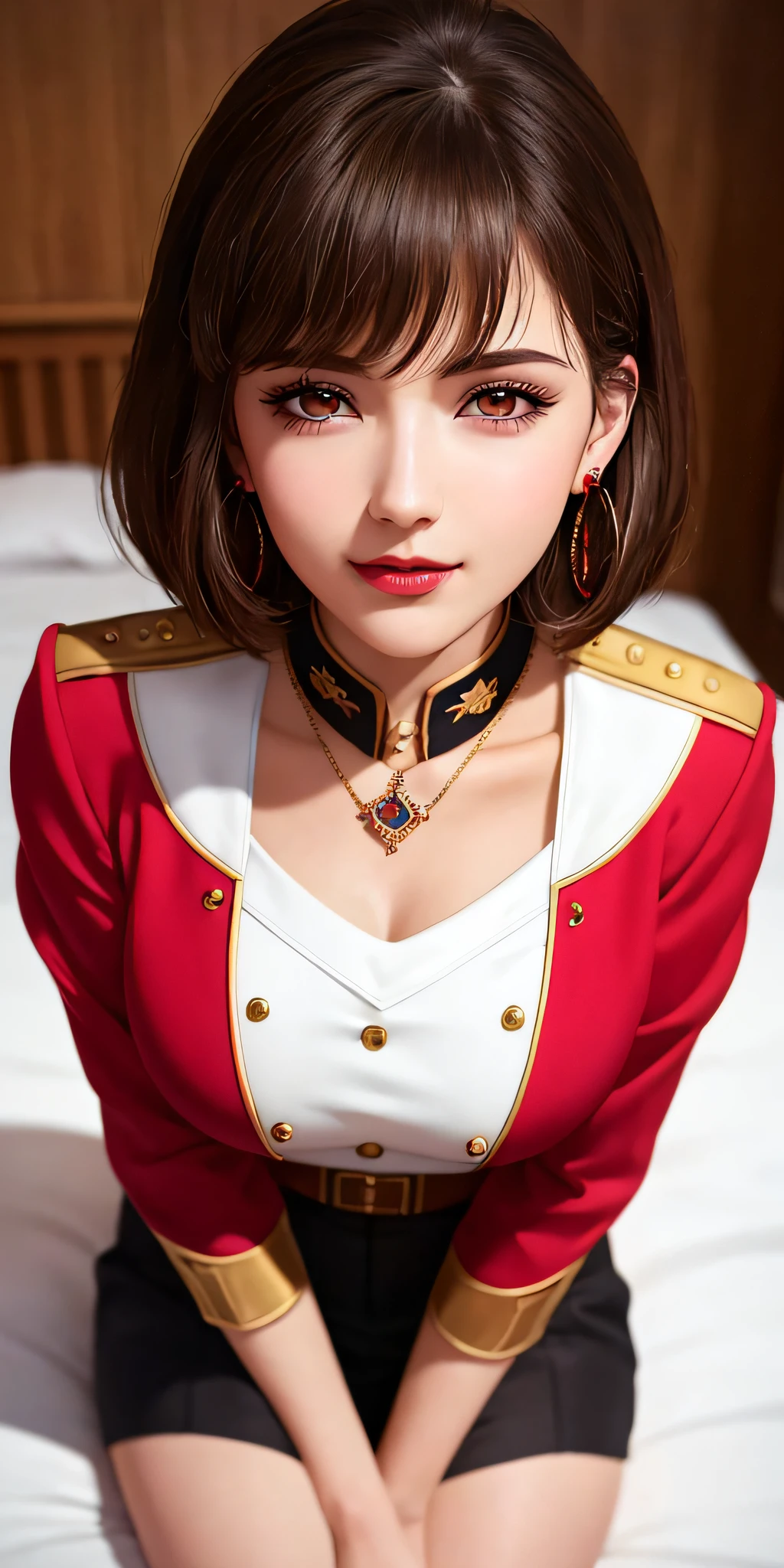 sitting on bed, aroused, necklace, earrings, full body, short brown hair, red military uniform, superb, ultra-high-definition, RAW photo, realism: 1.25), (bright lip gloss, long eyelashes, smooth face , bright skin, natural shadows, wide light, wide light, depth of field, strong colors, subtle caustics: 0.8), smile, (big tits), v6