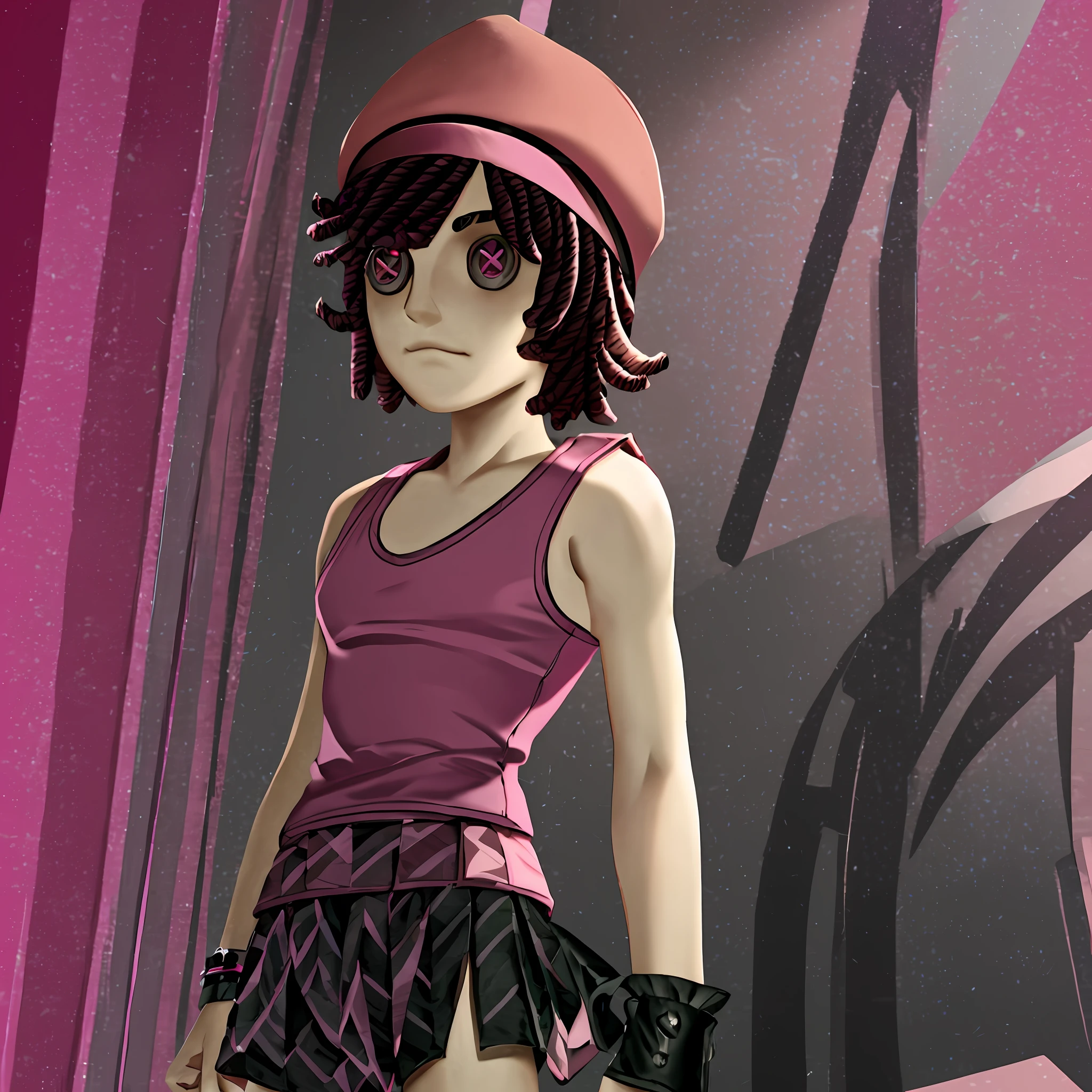 masterpiece, high quality, young boy, pink beret, pink tank top, pink hot pants, pink arm ornament, black eyes, black hair, facing forward, looking at camera, full body, center of screen