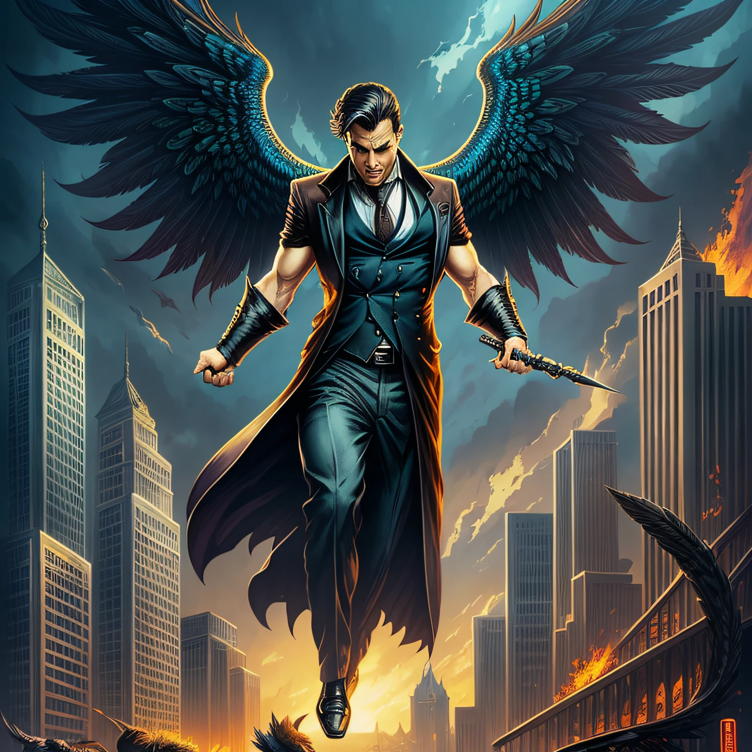 businessman rising phoenix bird, digital painting, sharp focus, bright studio setting, 8k, cinematic lighting, photorealistic, poster, fantastic view, cinematic postprocessing, pixel art, gothic noir style, style of luis royo, style of frank frazetta, style of alfons mucha, --auto --s2
