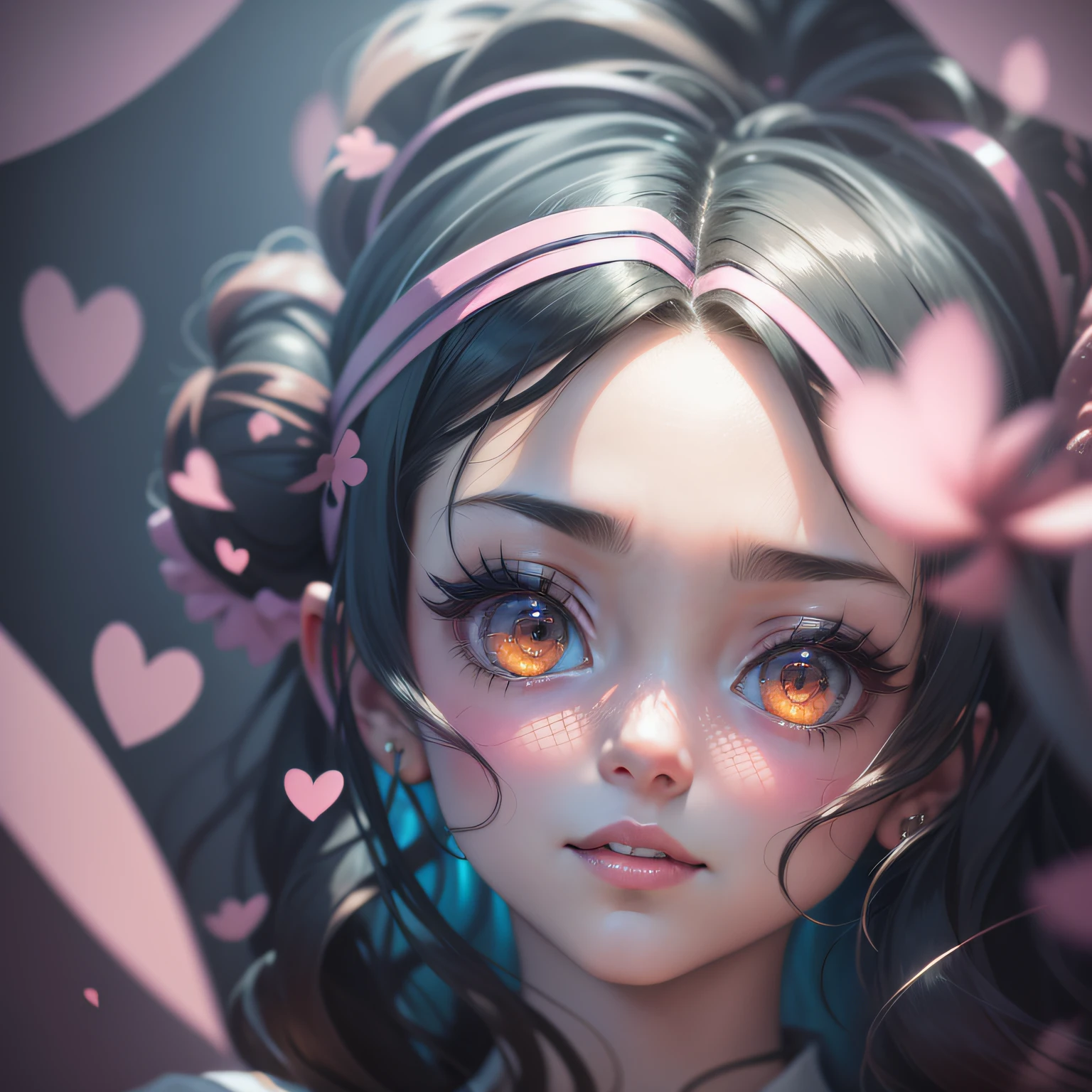 drill hair, curtained hair, hair bun, big hair, medium hair, bow hairband, heart-shaped pupils, raised eyebrows, smile, puckered lips, Surrealism, Renaissance, anime, anime style, cinematic lighting, depth of field, god rays, drop shadow, Fujicolor, first-person view, pov, Wide-Angle, anime style, Surrealism, UHD, retina, masterpiece, ccurate, textured skin, high details, highres, 16k