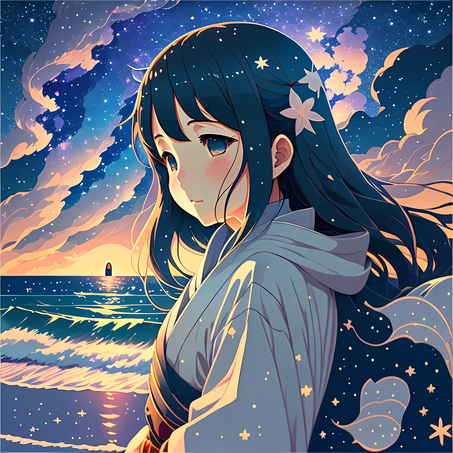In the dream, a beautiful girl in a kimono under the starry sky faces the sea, the sea is calm, and a big gray whale rises happily in the distance. Makoto Shinkai anime style, 4K HD, --auto --s2