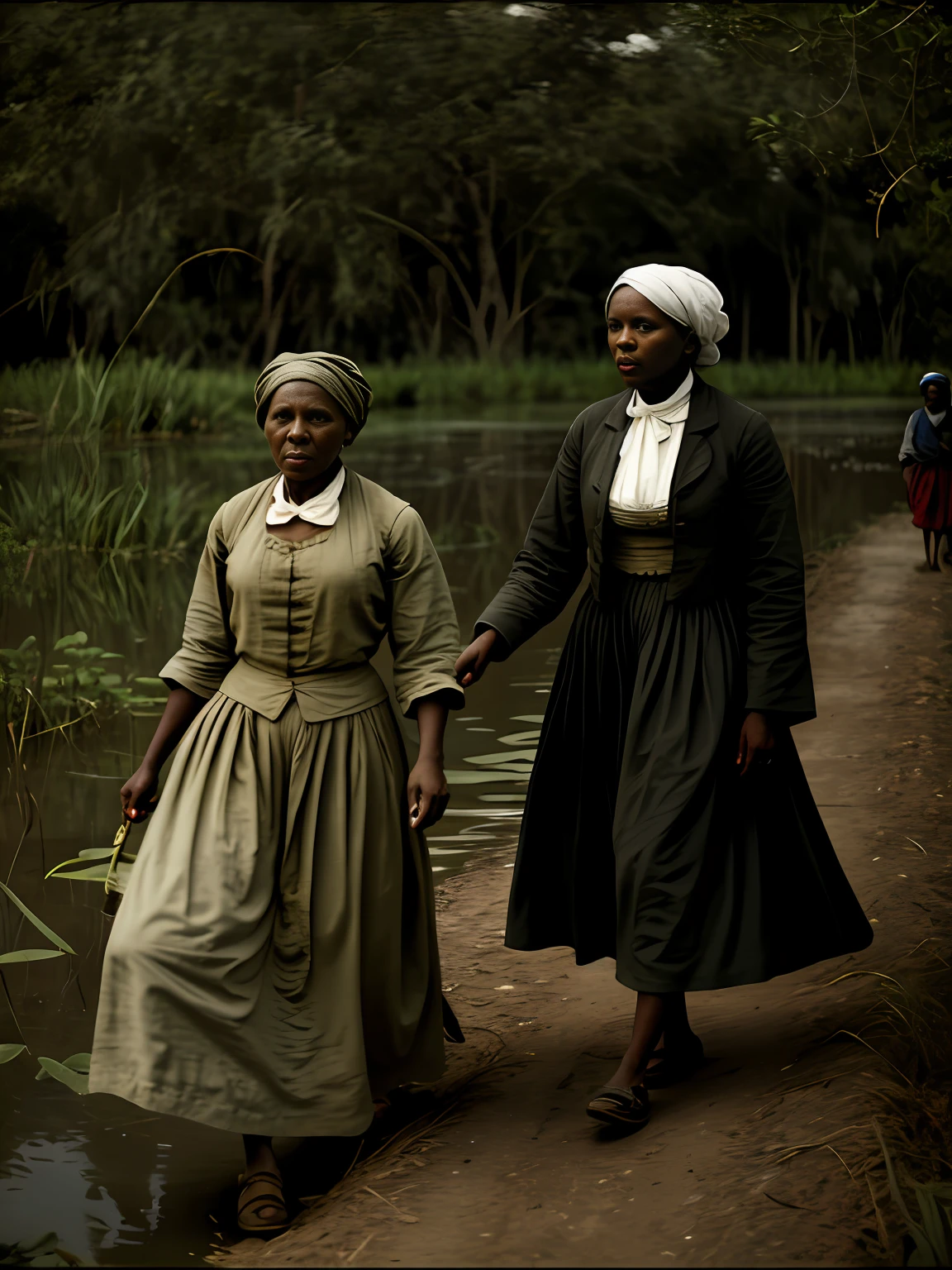harriet tubman help slaves escape through a dirty swamp, documentary film quality, slight motion blur, film still, colonial haitian plantation, 19th century, blood, at night
