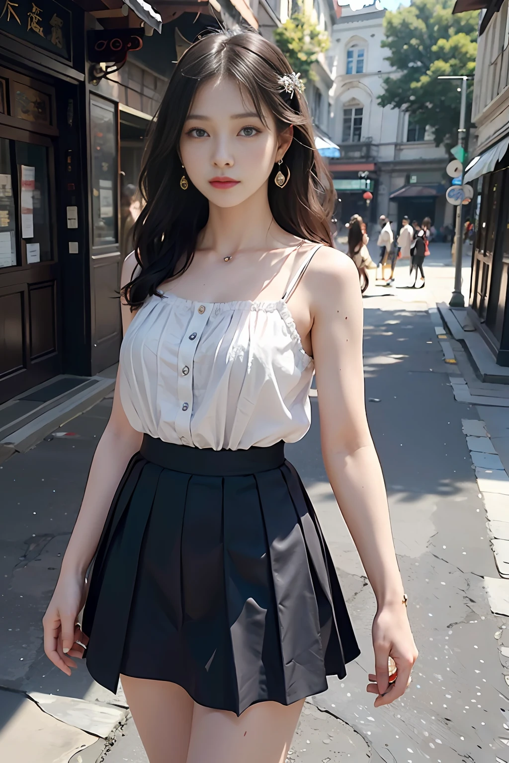 masterpiece, best quality, 1girl, aqua eyes, brunette hair, shut up, street background, looking at the audience, outdoors, solo, upper body, charming, clean, beautiful face, pure face, pale skin, gentle pose, (( short skirt)),( camisole vest), long hair, (((perfect female figure)), mature woman, milf, narrow waist, chinese god, highly detailed, best quality, masterpiece, high resolution, original, extremely detailed 8K, wallpaper, masterpiece, best quality, illustration, Beautifully detailed eyes, movie lighting, earrings, jewelry,,