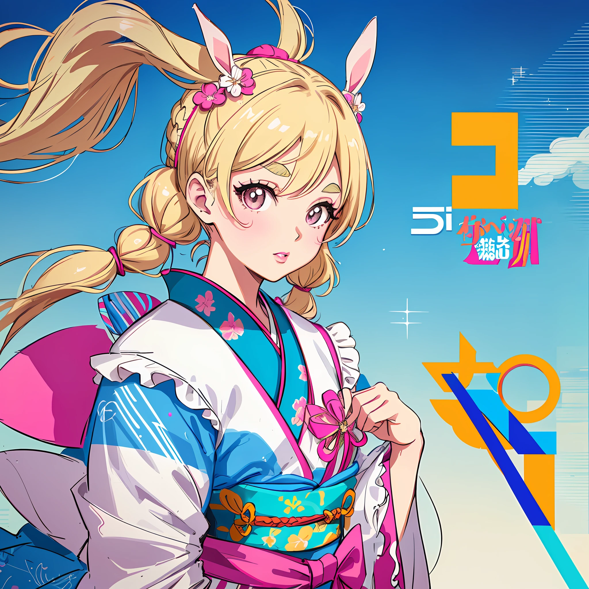 80s fashion, city pop color, background is city pop, fusion of city pop and kimono, kimono, rabbit, pigtails, small, female brat, thick eyebrows, thin waist, beautiful blonde, braid, (masterpiece), ((highest quality)), (super detailed), girl, (beautiful eyes)), beautiful detailed eyes, clean and detailed face, five fingers, textile shading, perfect anatomy,