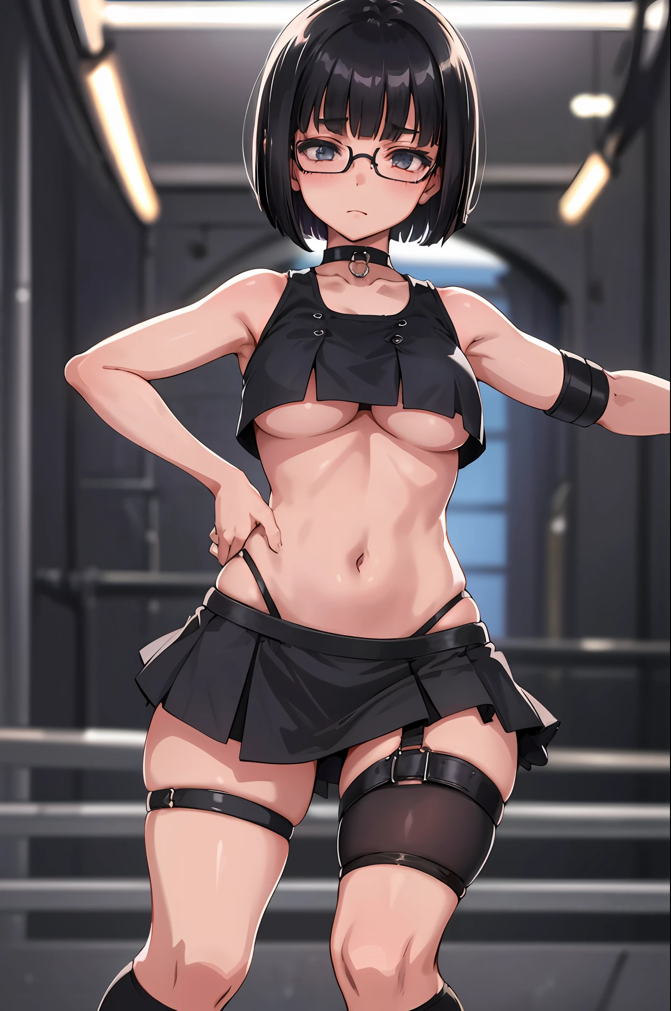 1 girl, 12 yeas old, short hair bob cut, black hair, crop top, micro skirt, mini skirt, thigh socks, gothic, sexy, crouching, choker, glasses, under boob, underboob, big boobs, blurry background, florest background
