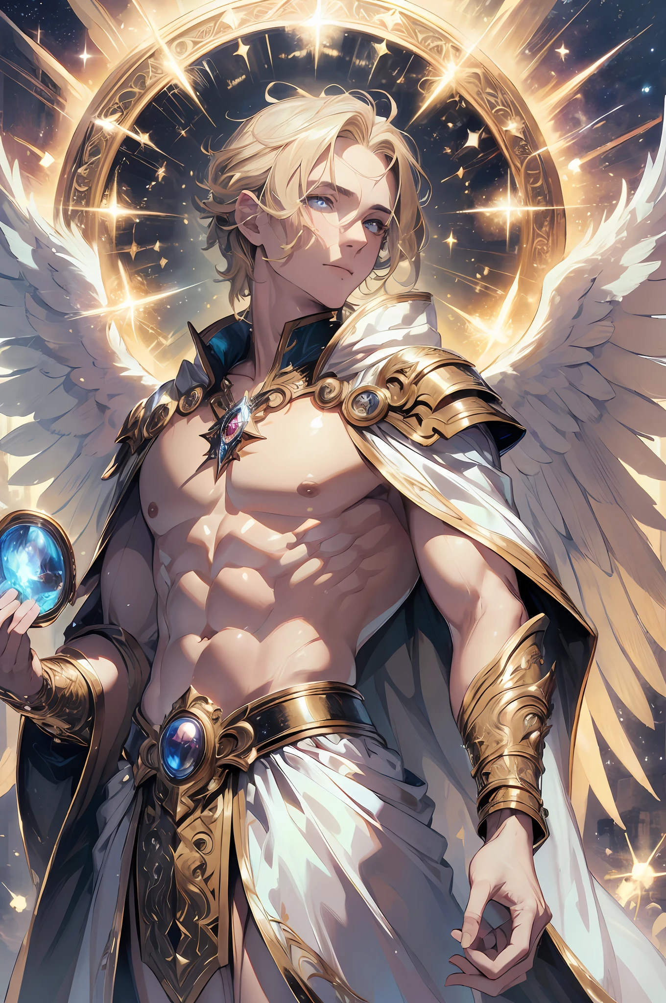 ((ultra detailed), masterpiece, best quality, (absurdres, highres)), a winged man with a mirror in hand, solo, pocket mirror, blonde hair, detailed face, finely eyes, muscular, white robe, bare pectoral, full body, fantasy, celestial, spark, rays, magic rays, magic spark, giant angel statue in background, from side, look down
