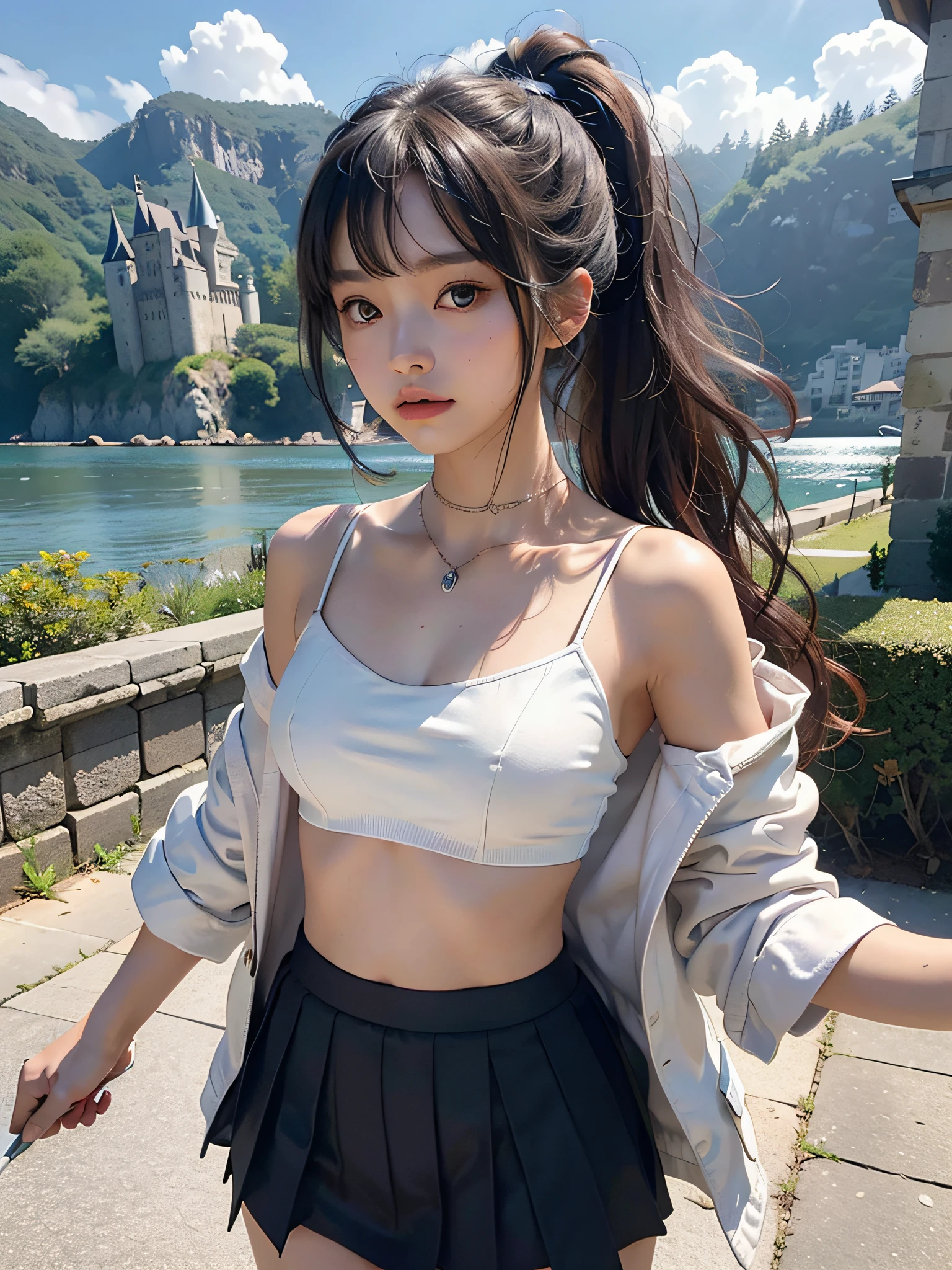 4k,8k,(masterpiece), (best quality), (super detailed), (disheveled hair), (illustration), girl), standing, fashion model, looking at the viewer, (interview), (old castle background), finely beautiful eyes, delicate beautiful face, (high saturation), (shine), focus on face, ponytail, bright hair color of various colors, saika kamisato, silver hair, bangs, hair ring, (sparkling), Best lighting, best shadow, show shoulders, belly button fashion, small, sailor suit, blazer, mini skirt