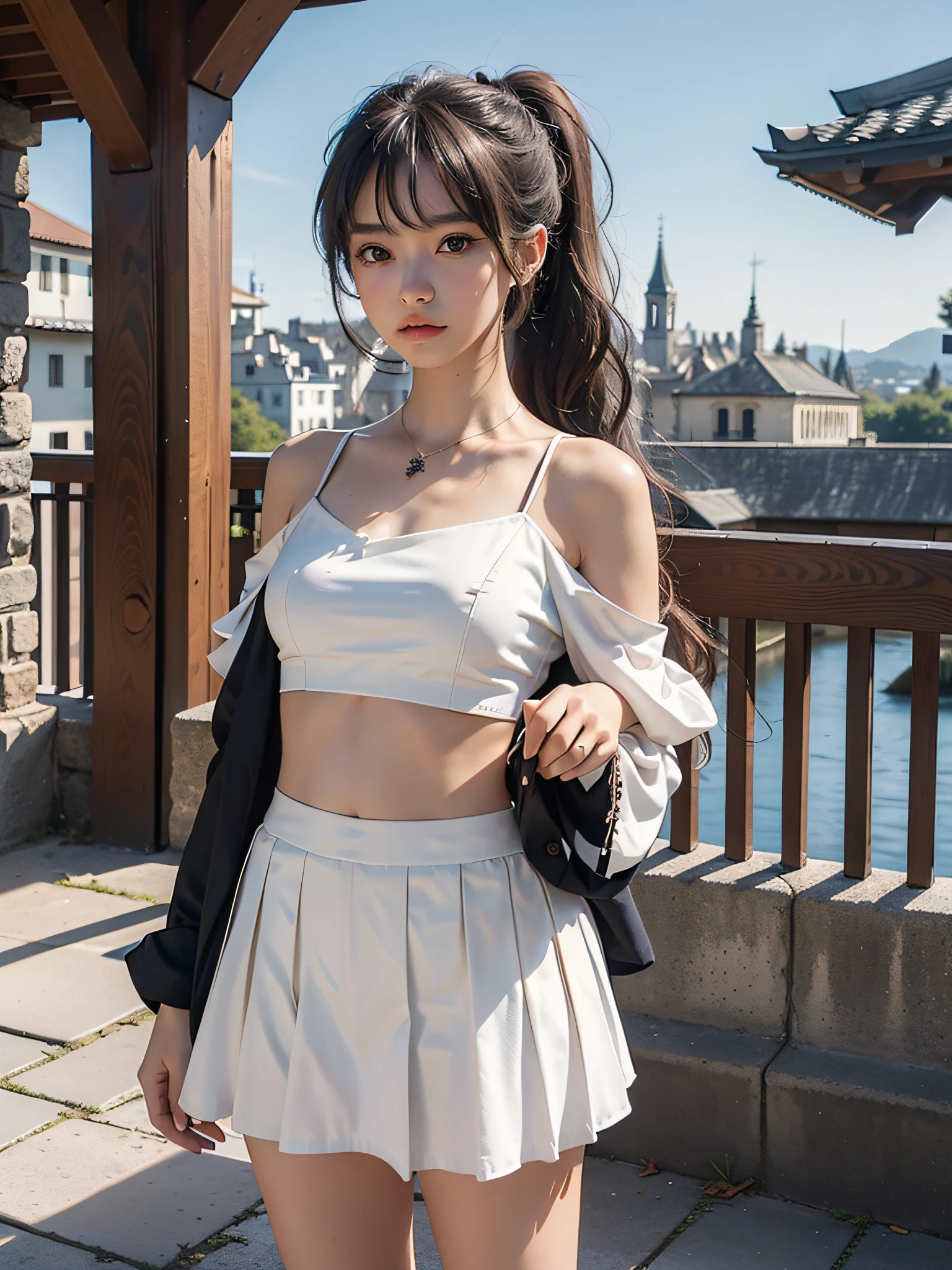 4k,8k,(masterpiece), (best quality), (super detailed), (disheveled hair), (illustration), girl), standing, fashion model, looking at the viewer, (interview), (old castle background), finely beautiful eyes, delicate beautiful face, (high saturation), (shine), focus on face, ponytail, bright hair color of various colors, saika kamisato, silver hair, bangs, hair ring, (sparkling), Best lighting, best shadow, show shoulders, belly button fashion, small, sailor suit, blazer, mini skirt