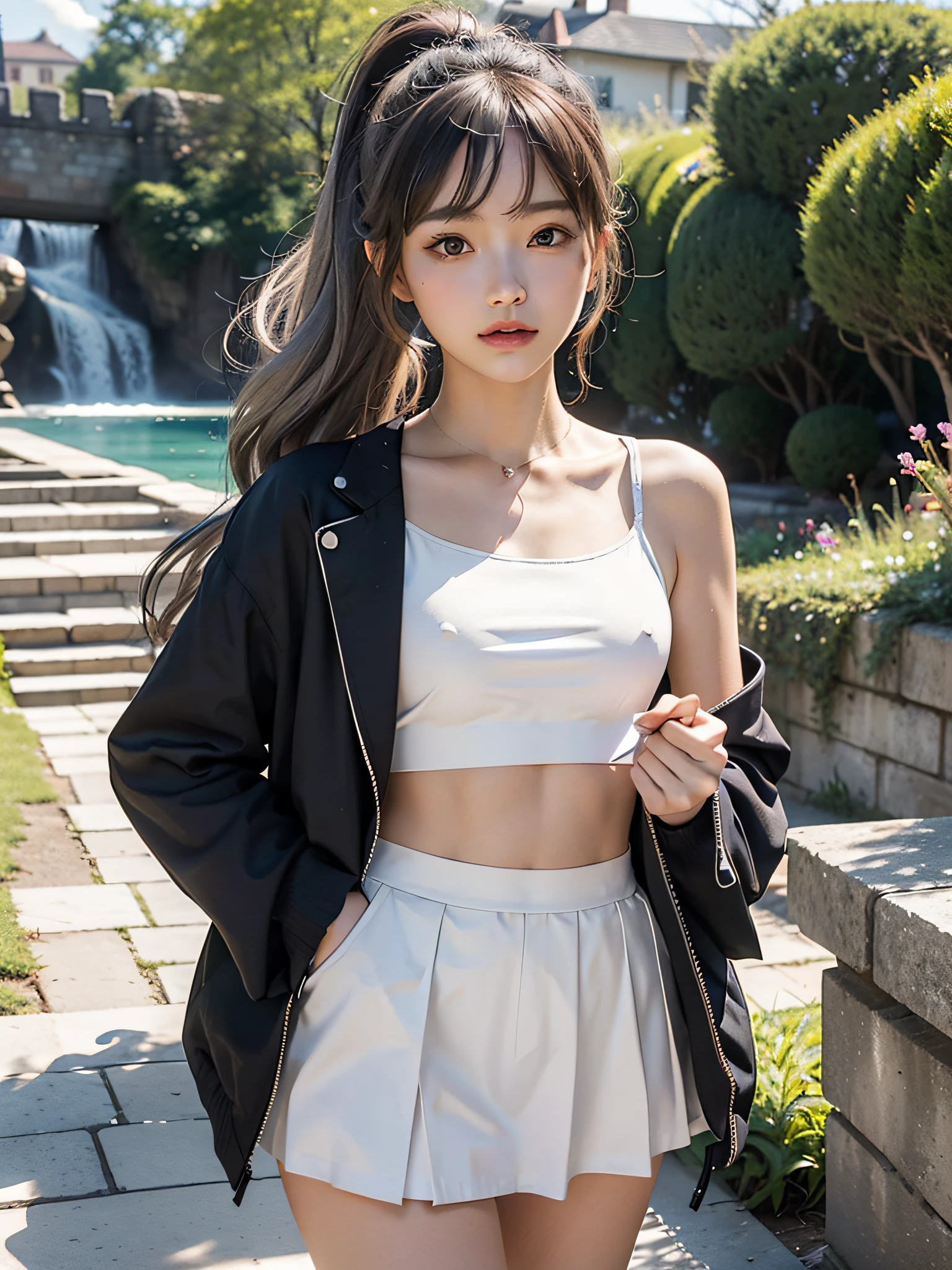 4k,8k,(masterpiece), (best quality), (super detailed), (disheveled hair), (illustration), girl), standing, fashion model, looking at the viewer, (interview), (old castle background), finely beautiful eyes, delicate beautiful face, (high saturation), (shine), focus on face, ponytail, bright hair color of various colors, saika kamisato, silver hair, bangs, hair ring, (sparkling), Best lighting, best shadow, show shoulders, belly button fashion, small, sailor suit, blazer, mini skirt