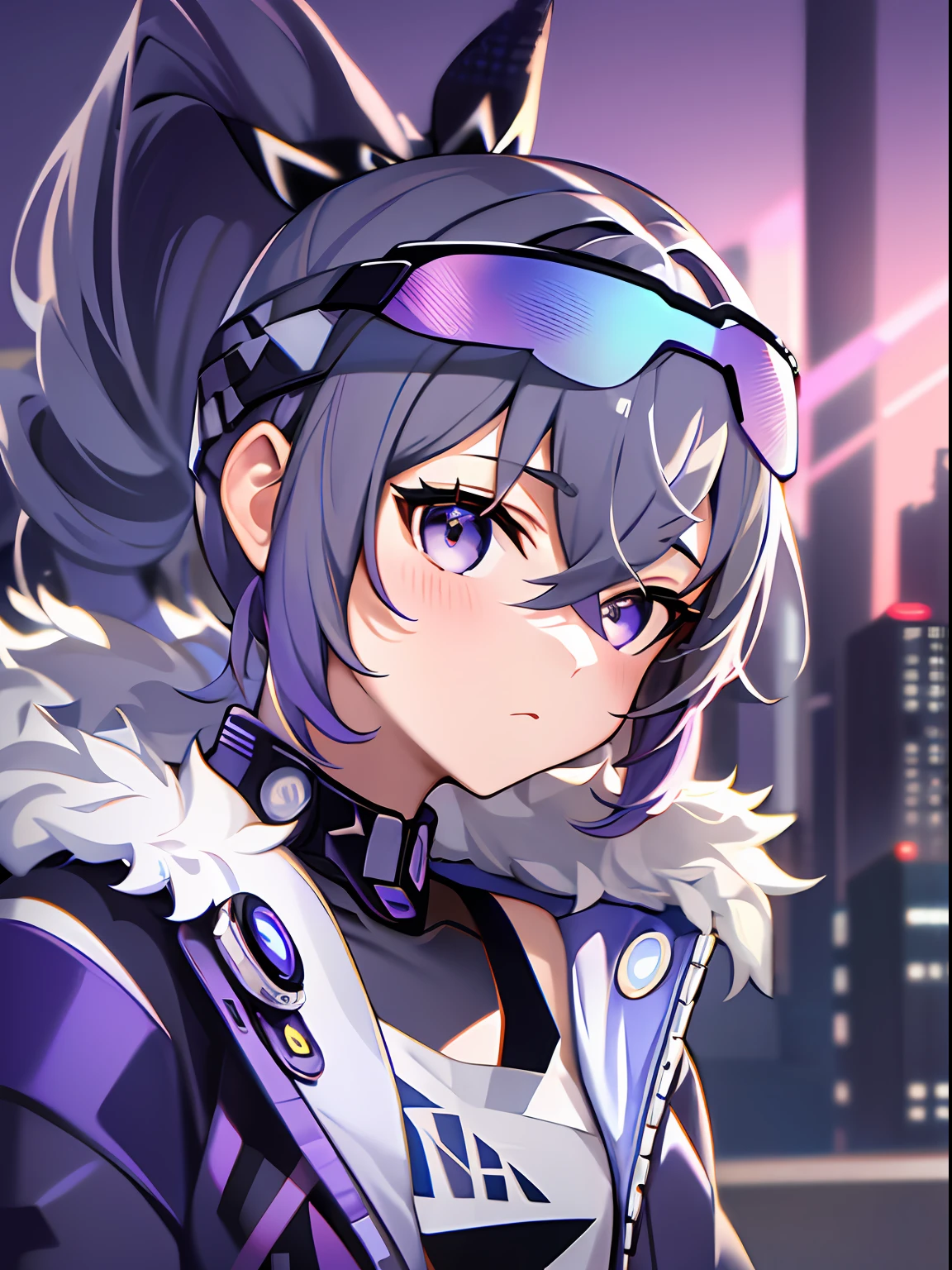 Masterpiece, Best picture quality, Extreme vividness, Anime girl with curly ponytail, petite figure, white functional coat, small, blue-purple gradient ski goggles, cyberpunk, gray hair, natural casual style, dynamic stance, golden section, portrait with large aperture, cool tones, strong visual impact, white space, light and shadow contrast, super texture, sunset afterglow, super clear picture, simple picture