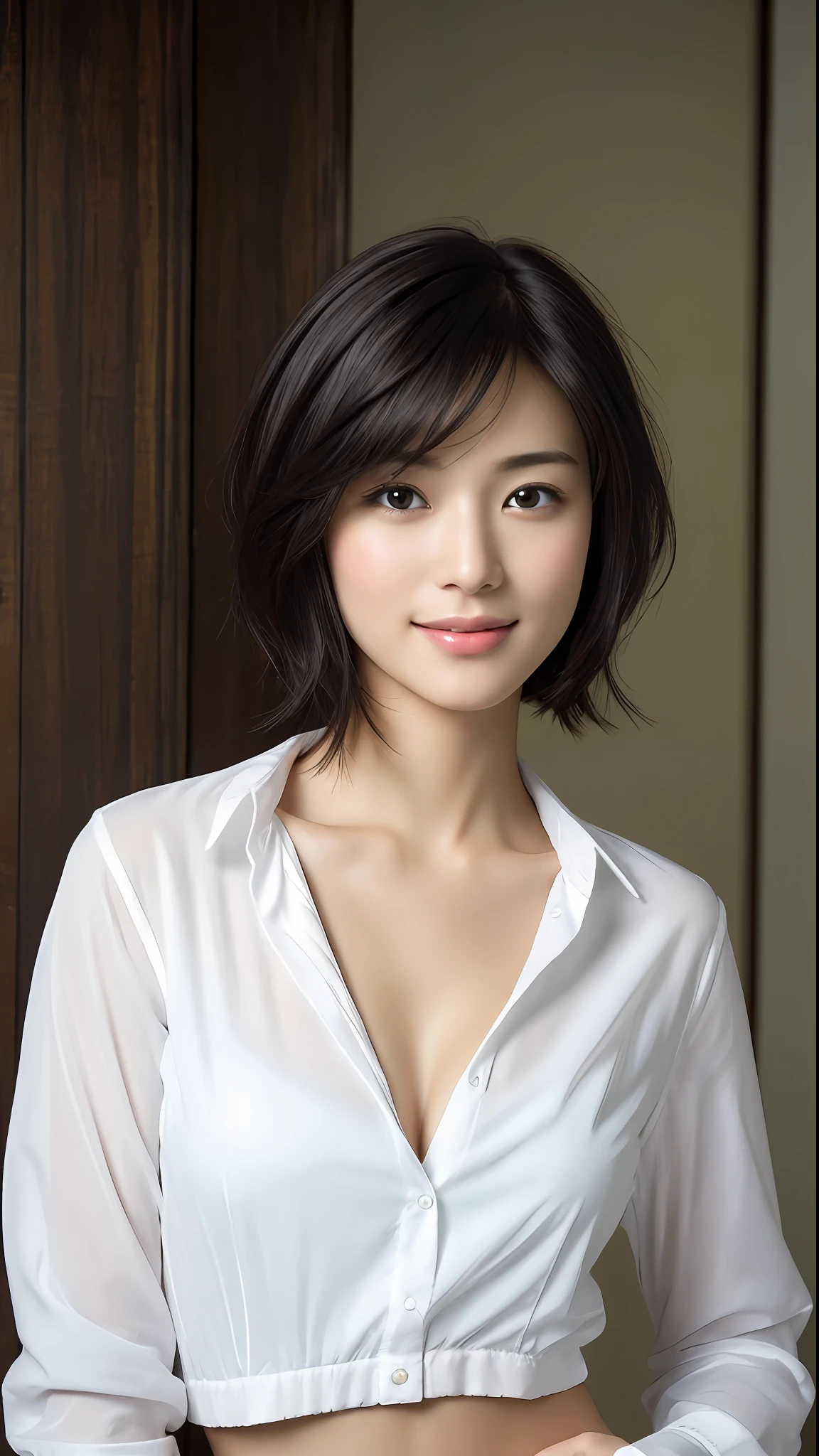 (masterpiece:1.3), (8k, photorealistic, RAW photo, best quality: 1.4), japanese, (1girl), beautiful face, (realistic face), (black hair, short hair:1.3), beautiful hairstyle, realistic eyes, beautiful detailed eyes, (realistic skin), beautiful skin, attractive, ultra high res, ultra realistic, highly detailed, golden ratio, (detaled face:1.2),looking at viewer,smile,open white shirt,medium breasts,standing,hand on hip