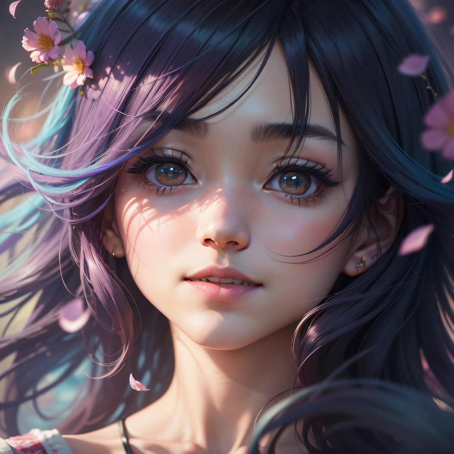 Color inner hair, drilled hair, clover hair ornaments, star pupils, smile, surrealism, renaissance, anime, anime style, cinematic lighting, depth of field, god ray, shadow, fuji, first-person perspective, pov, wide angle, uhd, retina, masterpiece, ccurate, textured skin, high detail, high resolution, 16k, 1 girl, female focus, solo dance, alone, alone, alone, inspired by Yuriko Ishida, Suzumi Hirose, Misakura Imada, Mai Shiraishi, Kyoko Fukada , Mitami Hamabe, Rina Hashimoto, Satomi Ishihara