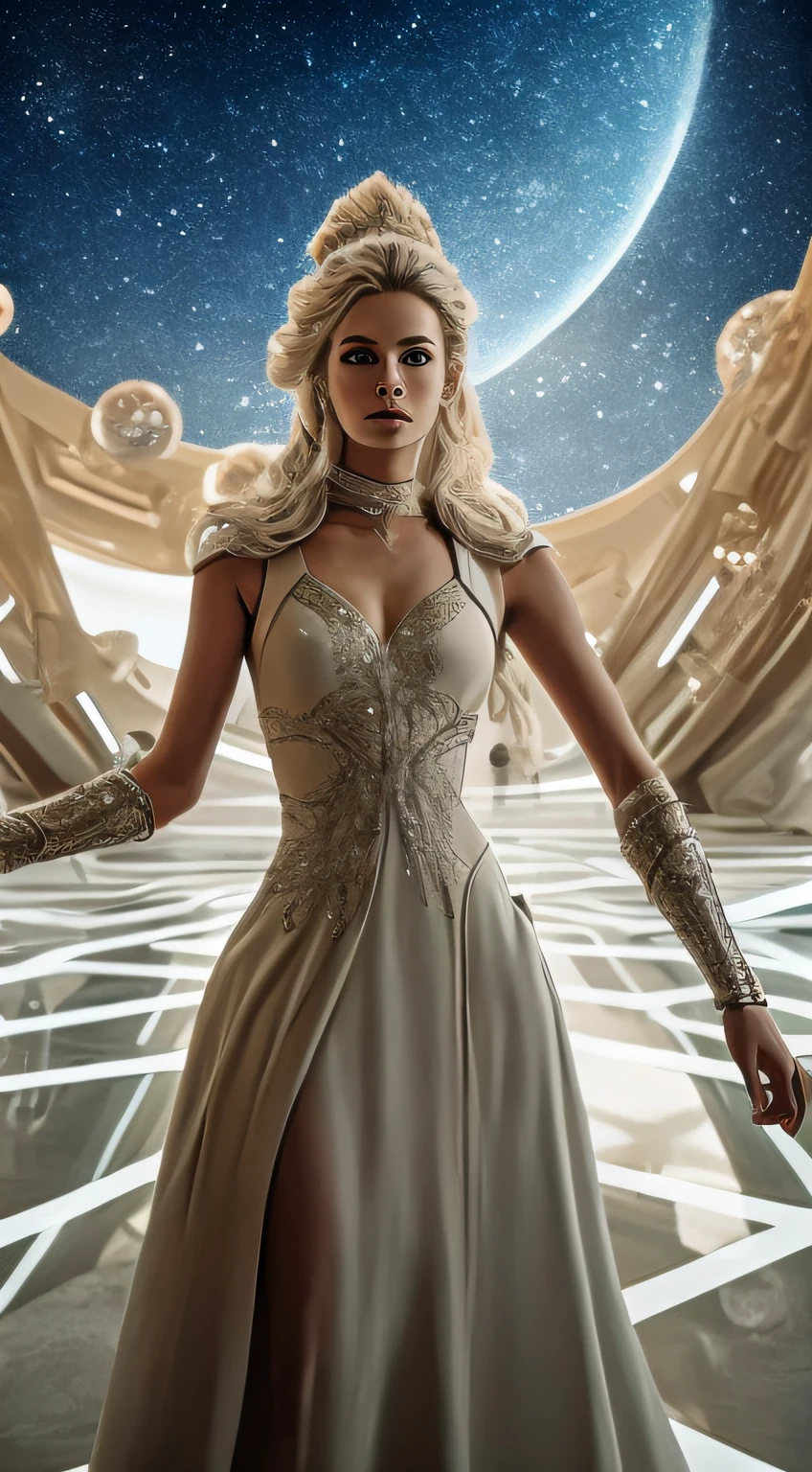 Bare arms, Bare palms, Sleeveless shirt,supernova dress,There is a hollow in the middle of the clothes,There is light yarn in the hollows,Bare arms, Bare palms, Sleeveless shirt,
Full body,1 girl,Wear a Space opera style costumes, pale skin,A simple evening dress with a sci-fi feel, white plastic, diffuse lighting, divine goddess, fantasy, no helmet,absurdres,dune,mass,(masterpiece:1.4), ultra-detailed, 1girl, stand up,2023 fashion,