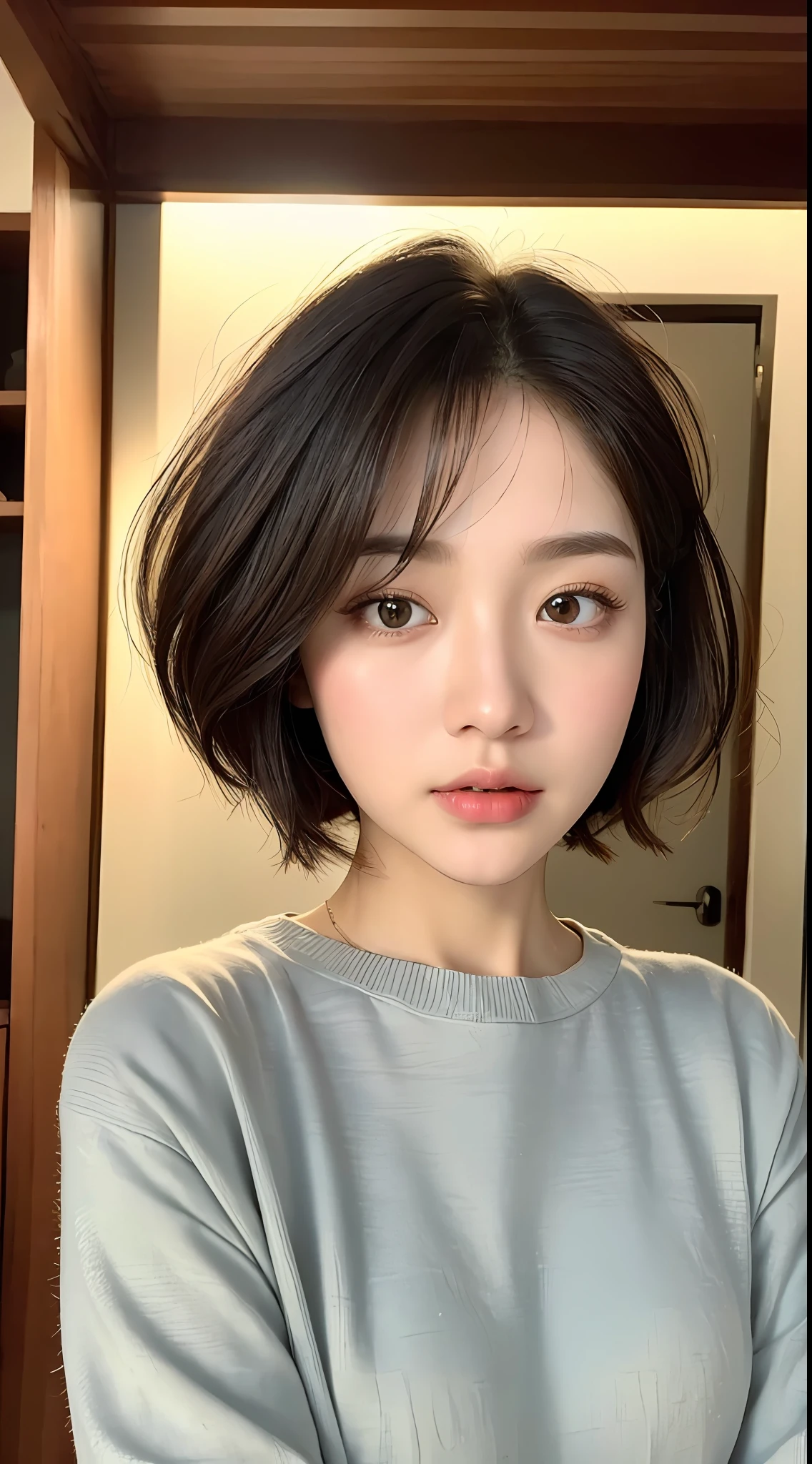 ((Best Quality, 8k, Masterpiece: 1.3)), 1 Woman, Beautiful Girl: 1.3, (Short Hairstyle, Big: 1.2), Plain Clothes: 1.2, Indoor, Ultra Detailed Face, Detailed Eyes, Double Eyelids, Best Face, Child, Stunning, Beautiful Girl, Round Face