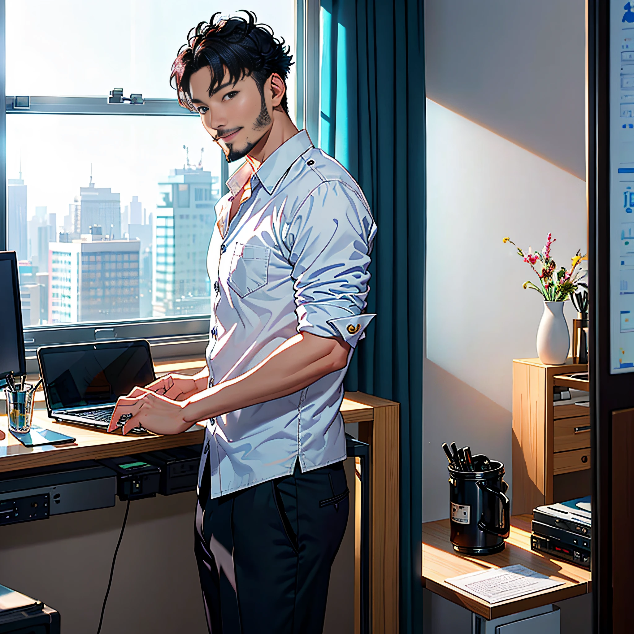 A man, 40 years old, solo, short black hair, charming beard, face resembling actor Huang Xiaoming, in the office, floor-to-ceiling windows, is answering the phone with a mobile phone: 1.5, smile, (best quality, 8k, masterpiece)