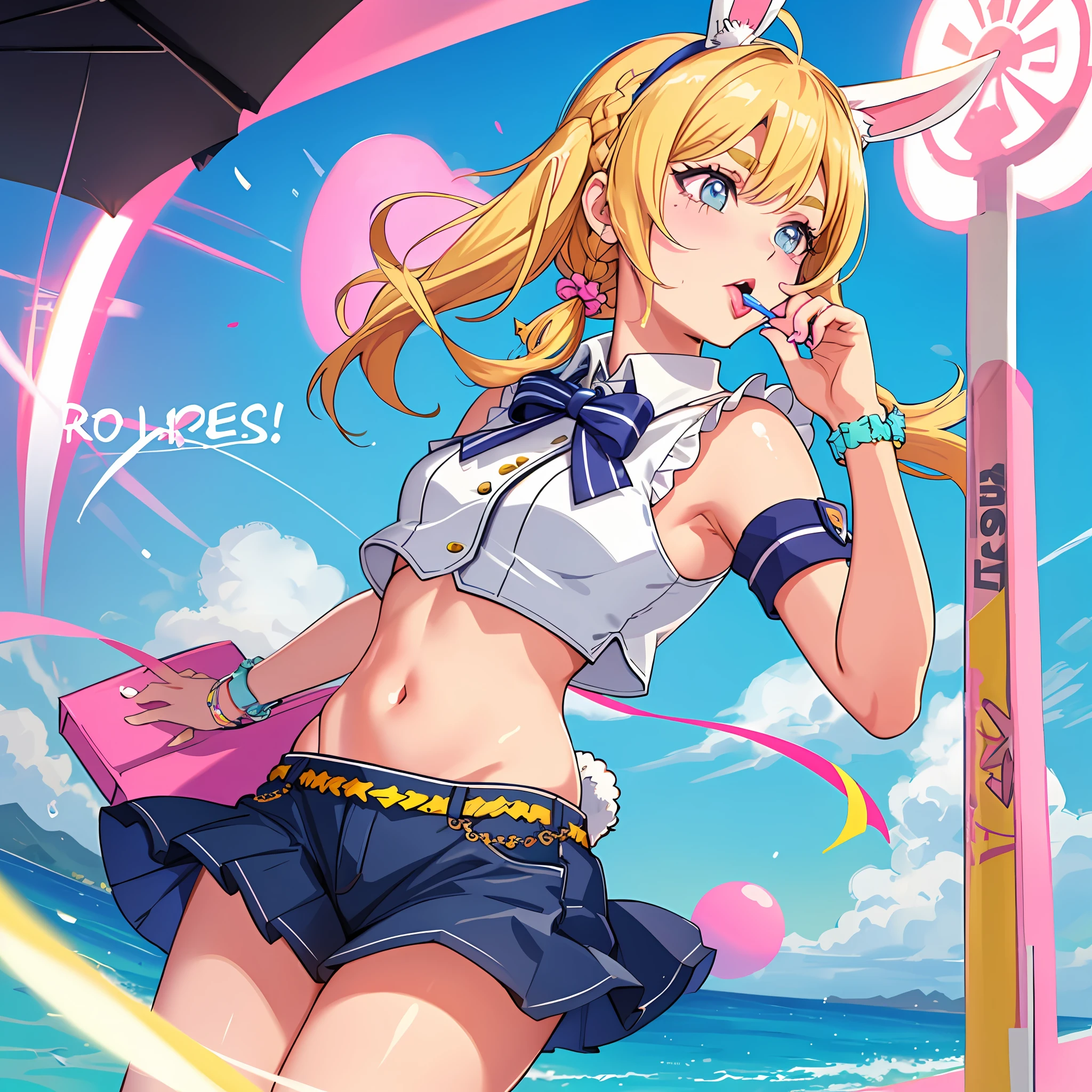 Rabbit ears, licking candy, 80s fashion, city pop color, background is city pop, fusion of city pop and uniform, tube top uniform, rabbit, pigtails, small, female brat, thick eyebrows, thin waist, beautiful blonde, braid, (masterpiece), ((highest quality)), (super detailed), girl, (beautiful eyes)), beautiful detailed eyes, clean and detailed face, five fingers, textile shading, perfect anatomy,
