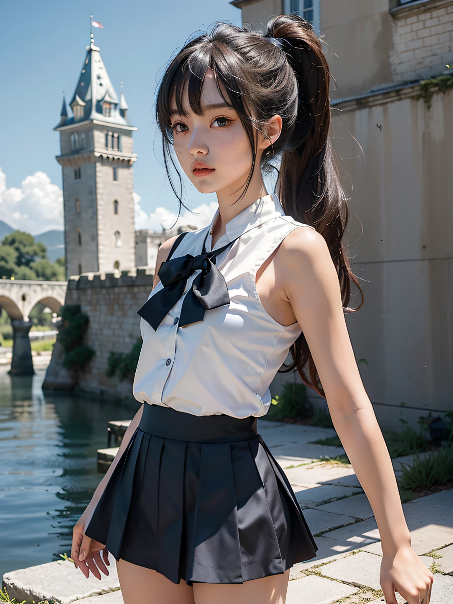 4k,8k,(masterpiece), (best quality), (super detail), (disheveled hair), (illustration), girl), standing, fashion model, looking at the viewer, (interview), (old castle background), finely beautiful eyes, delicate beautiful face, (high saturation), (shine), focus on face, ponytail, ayaka kamisato, silver hair, bangs, hair ring, (shine), best lighting, best shadow, Show shoulders, small, wearing sailor suit, blazer, mini skirt