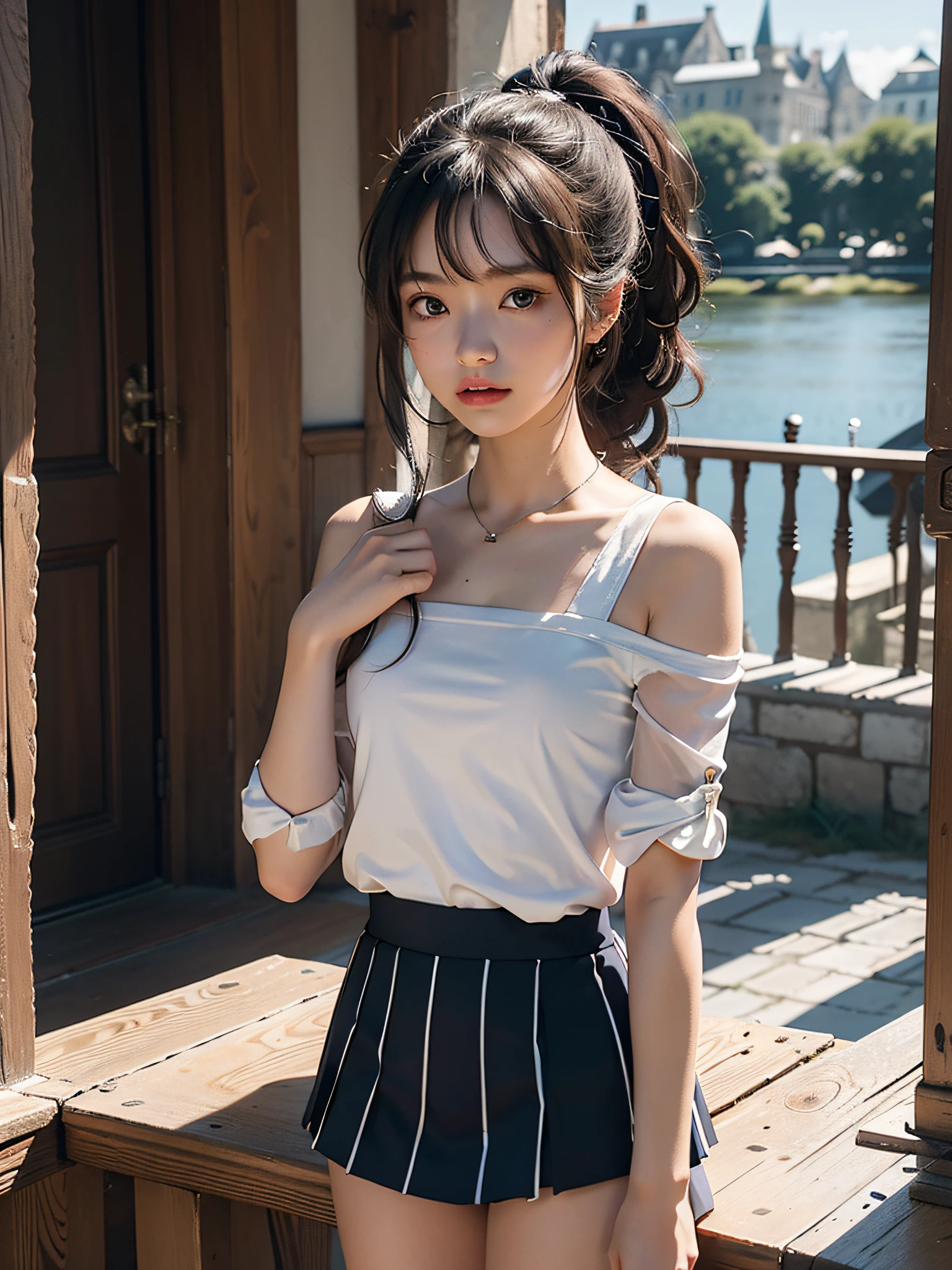 4k,8k,(masterpiece), (best quality), (super detail), (disheveled hair), (illustration), girl), standing, fashion model, looking at the viewer, (interview), (old castle background), finely beautiful eyes, delicate beautiful face, (high saturation), (shine), focus on face, ponytail, ayaka kamisato, silver hair, bangs, hair ring, (shine), best lighting, best shadow, Show shoulders, small, wearing sailor suit, blazer, mini skirt
