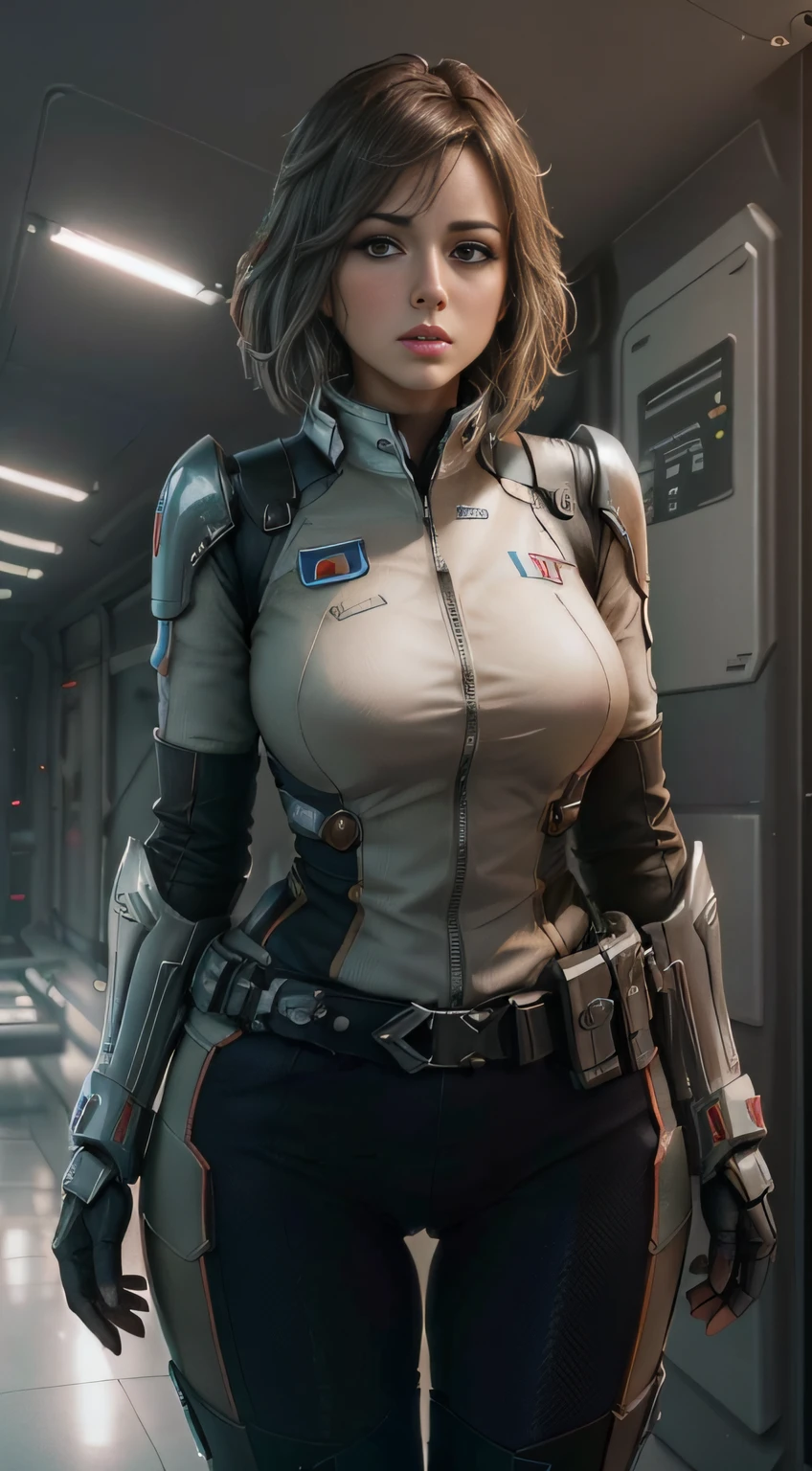 Daisy Jhonson as the captain of a spaceship, Future City, (inspired by Mass Effect), a piece of armor, safety rating, fat buttocks, leather pants wrapped around hips (8k, foto RAW, fotorrealista: 1, 25), (muito brilho labial, muitos cílios, melhor qualidade, ultra alta resolução, Profundidade de Campo, Aberração Cromática, Luz Ampla, Cor Natural, distant images (1:2)