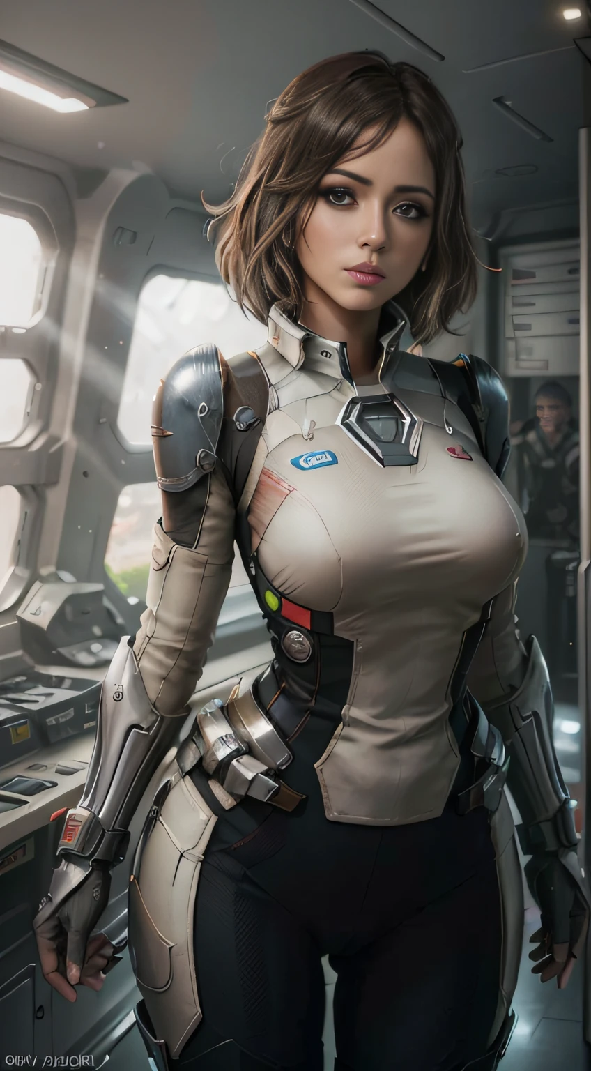 Daisy Jhonson as the captain of the spaceship, Future City, (inspired by Mass Effect), a piece of armor, safety rating, fat buttocks, glue library (8k, foto RAW, fotorrealista: 1, 25), (muito brilho labial, muitos cílios, melhor qualidade, ultra alta resolução, Profundidade de Campo, Aberração Cromática, Luz Ampla, Cor Natural, distant images (1:2)
