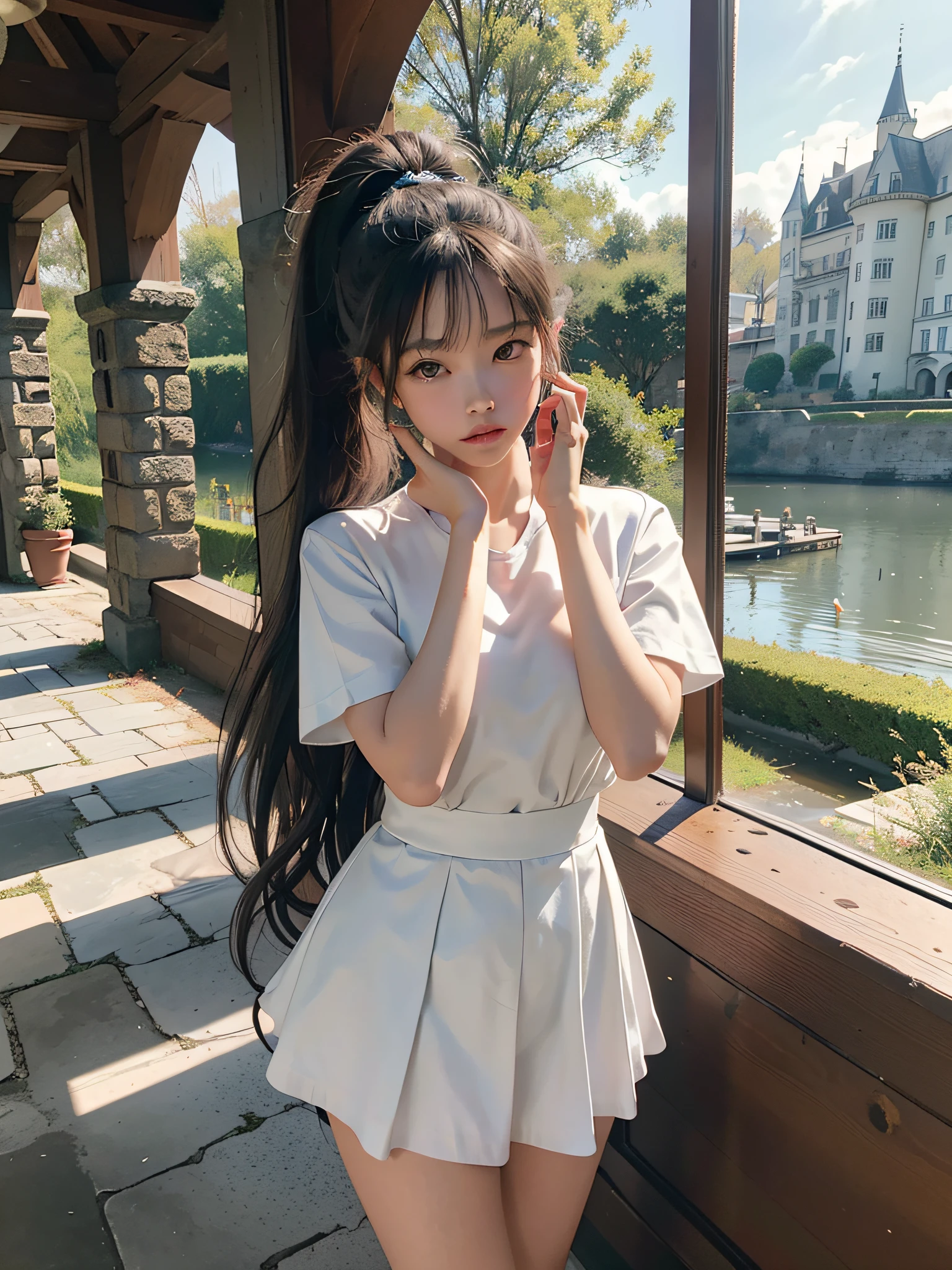 4k,8k,(masterpiece), (best quality), (super detail), (disheveled hair), (illustration), girl), standing, fashion model, looking at the viewer, (interview), (old castle background), finely beautiful eyes, delicate beautiful face, (high saturation), (shine), focus on face, ponytail, ayaka kamisato, silver hair, bangs, hair ring, (shine), best lighting, best shadow, Wearing a sailor suit, a miniskirt