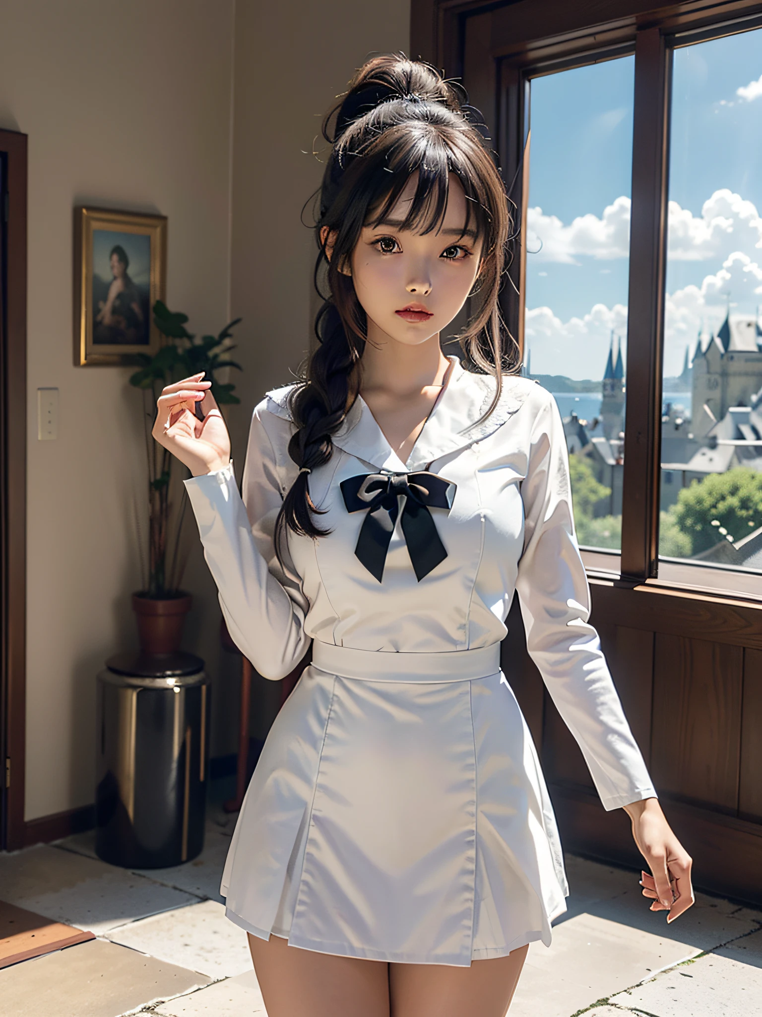 4k,8k,(masterpiece), (best quality), (super detail), (disheveled hair), (illustration), girl), standing, fashion model, looking at the viewer, (interview), (old castle background), finely beautiful eyes, delicate beautiful face, (high saturation), (shine), focus on face, ponytail, ayaka kamisato, silver hair, bangs, hair ring, (shine), best lighting, best shadow, Wearing a sailor suit, a miniskirt