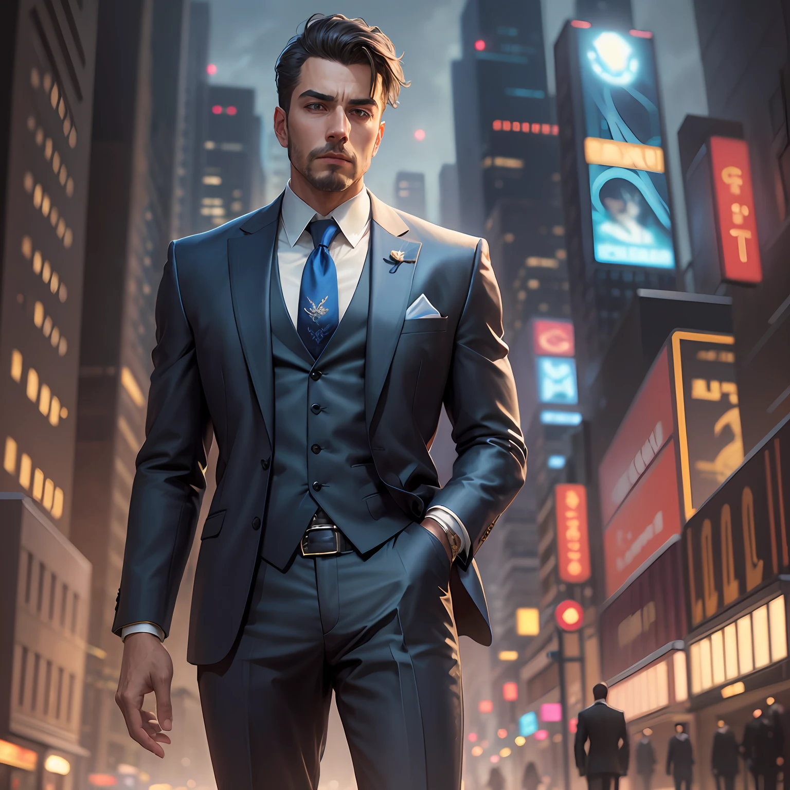 There is a man wearing a suit and tie with a blue gold rimmed tie, urban night scene, background, subject details: highly detailed character design, character art close-up, epic elegant portrait, low detail. Digital painting, detailed portrait of a person, aesthetics of an art standing man --auto --s2