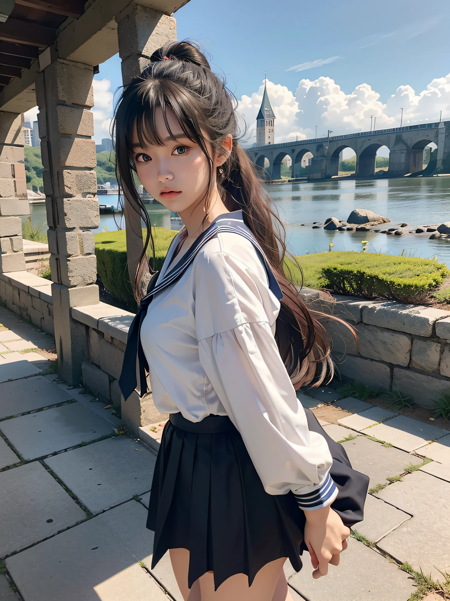 4k,8k,(masterpiece), (best quality), (super detail), (disheveled hair), (illustration), girl), standing, fashion model, looking at the viewer, (interview), (old castle background), finely beautiful eyes, delicate beautiful face, (high saturation), (shine), focus on face, ponytail, ayaka kamisato, silver hair, bangs, hair ring, (shine), best lighting, best shadow, Wearing a sailor suit, a miniskirt