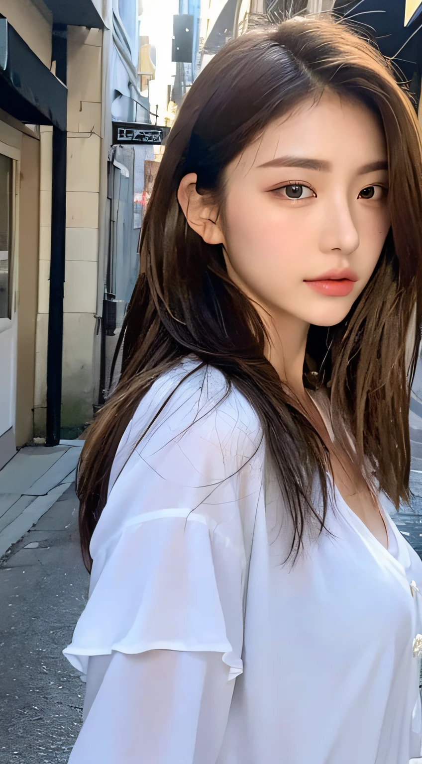 ((Best Quality, 8K, Masterpiece: 1.3)), Sharp: 1.2, Perfect Body Beauty: 1.4, Slim Abs: 1.2, ((Layered Hairstyle, Big Breasts: 1.2)), (Wet White Button Long Shirt: 1.1), (Rain, Street: 1.2), Wet: 1.5, Highly detailed face and skin texture, detailed eyes, double eyelids, side face looking at the camera