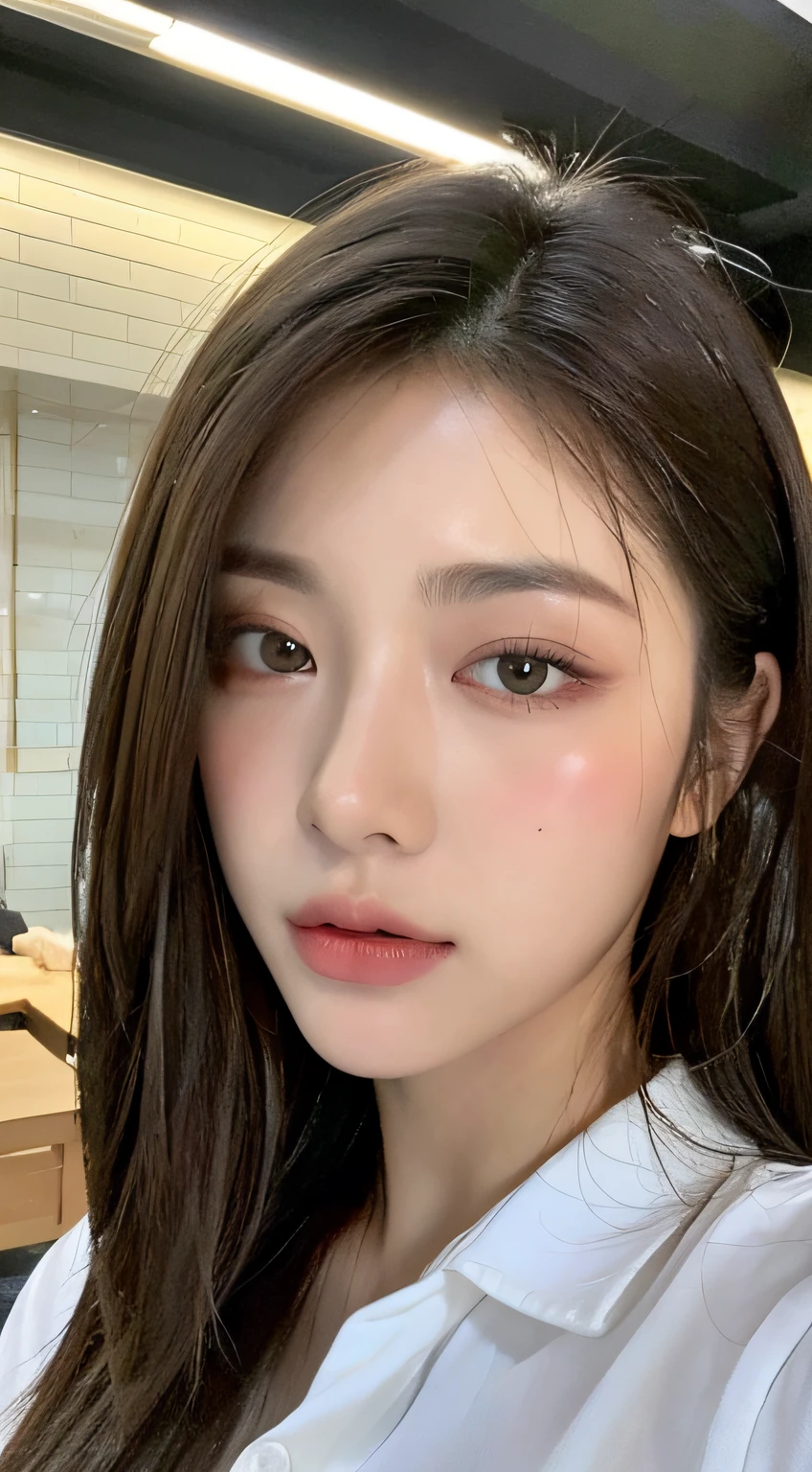 ((Best Quality, 8K, Masterpiece: 1.3)), Sharp: 1.2, Perfect Body Beauty: 1.4, Slim Abs: 1.2, ((Layered Hairstyle, Big Breasts: 1.2)), (Wet White Button Long Shirt: 1.1), (Rain, Street: 1.2), Wet: 1.5, Highly detailed face and skin texture, detailed eyes, double eyelids, side face looking at the camera