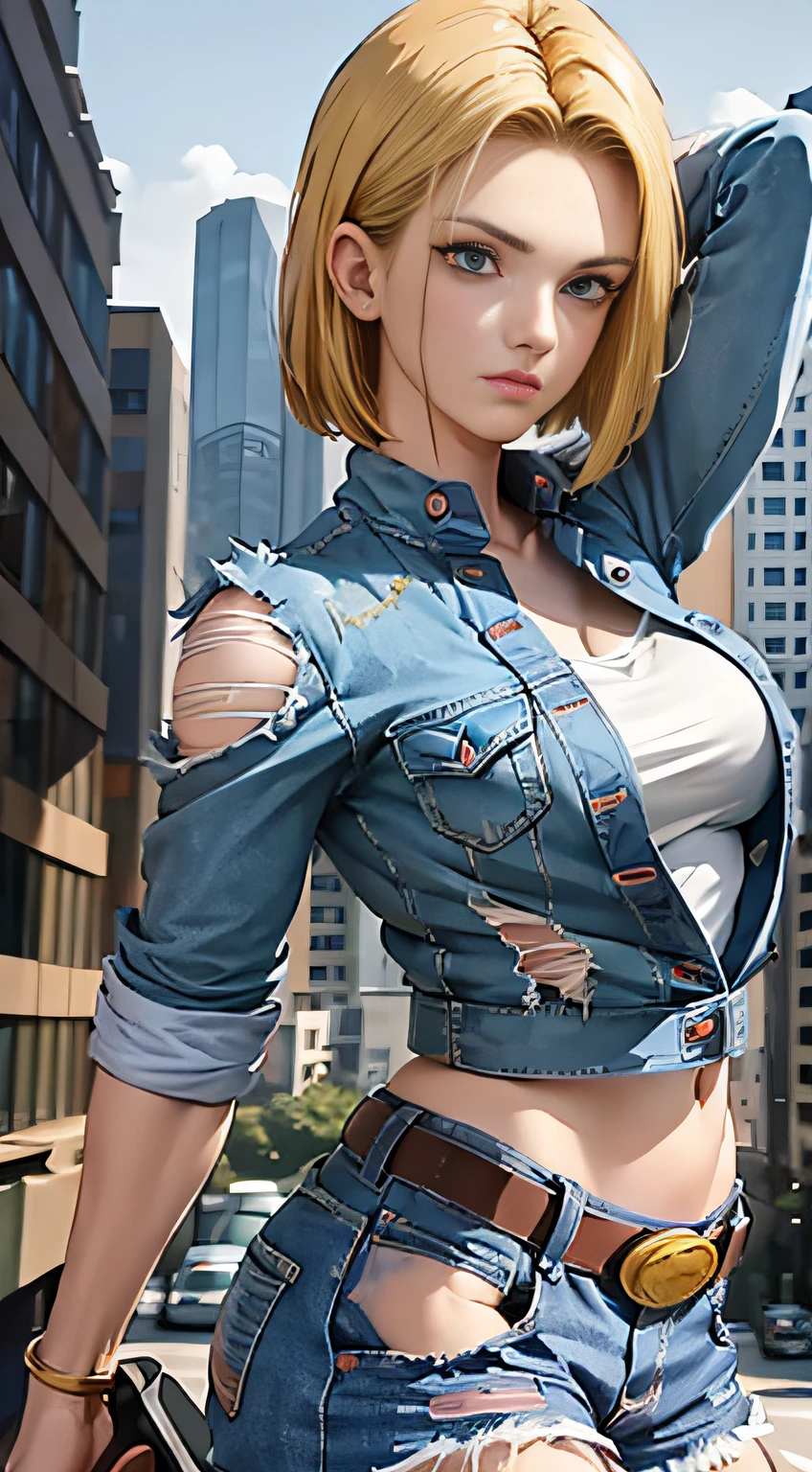 masterpiece, best quality, super detailed, ridiculous, beautiful android18db porter character, solo, denim, breasts, belt, medium_breasts, outdoor, torn_clothes, volumetric lighting, best quality, masterpiece, intricate details, tone mapping, sharp focus, super detail, trends on artstation, detailed eyes, pretty eyes,