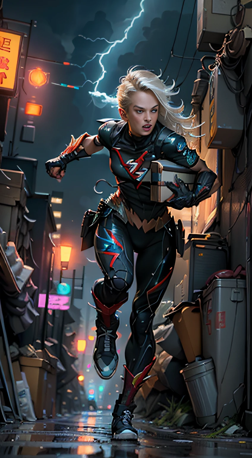 (The Flash), (holding a courier box in hand), lightning around the body, running fast, a city in the background, lightning in the sky, highly detailed, cyberpunk, neon, hyper-detailed, ultra-realistic, cinematic , octane rendering, 16k, mobile wallpaper, dc superheroes