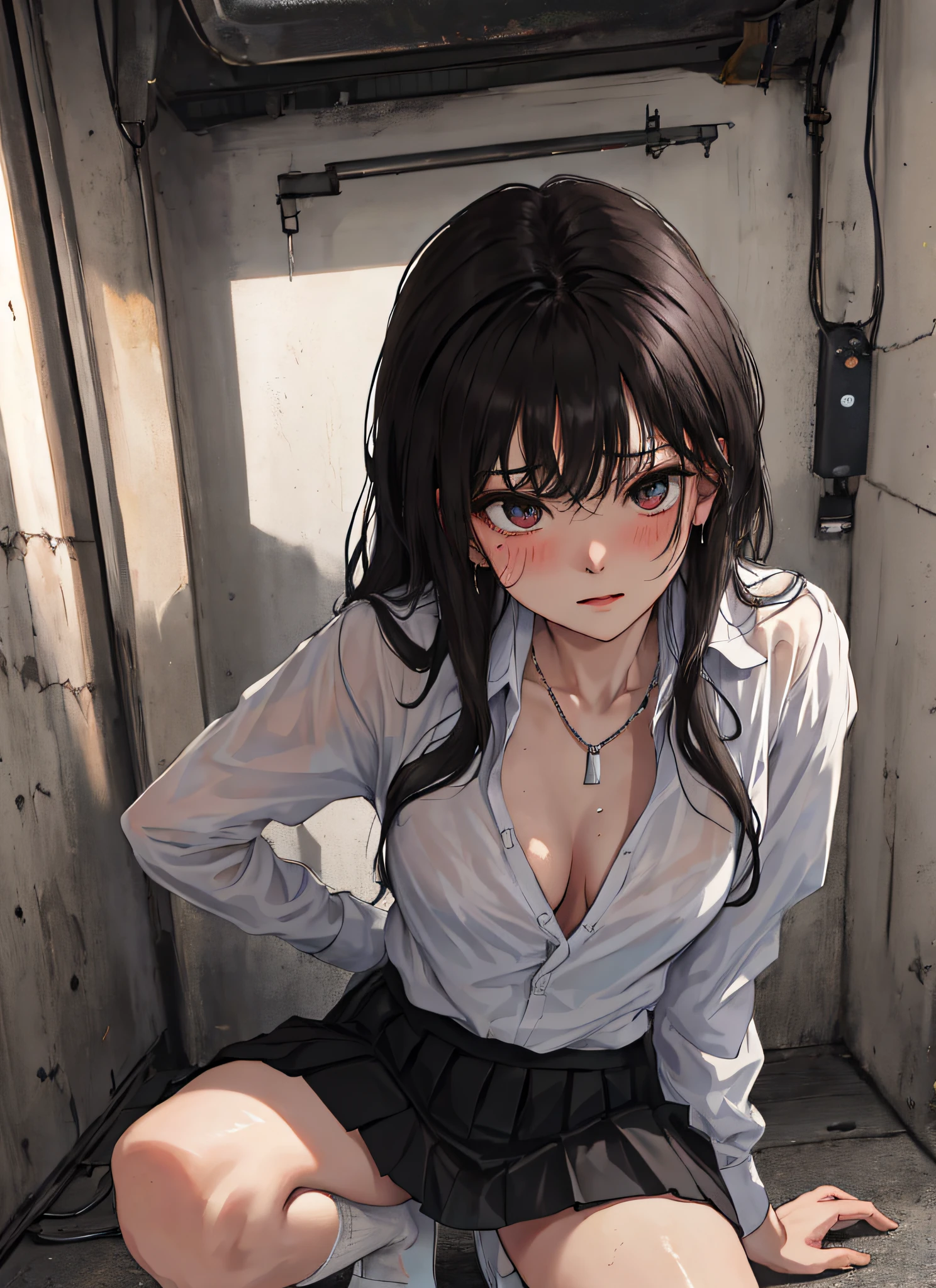 Masterpiece, Top Quality, High Definition, High Resolution, perfect anatomy, One Girl, Solo, Angle from Below, Skirt, Shirt, Sheer Shirt, Unbuttoned Shirt, Unbuttoned, Fluffy, Cleavage,Protruding Nipples, Hard, black Hair, Pleated Skirt, Socks, Black Skirt, Long Hair, Long Sleeve, Bangs, Black Socks, Dress Shirt, Troubled Look,Blushing, Sweaty, Drenched, Sheer view, Sheer clothing, Lift up skirt, Crotch line, Hip line, White underwear, Panty shots, Beautiful leg line, Water droplets running down your legs, Drenched lower body, Wet waist, Excess crotch droplets, Body parts three-dimensional, Exposed undergarment, Realistic skin texture, Focused on feet, Kneeling, Knees spread, Bright room, Finger shifting panties position, lighting from below, bitten panties