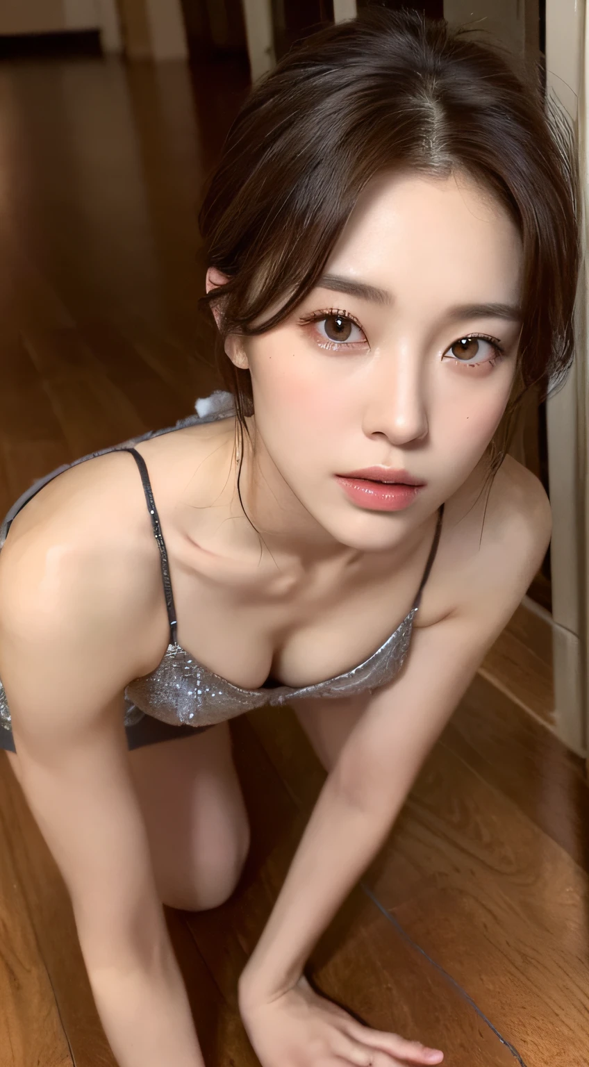 ((top quality, 8k, masterpiece: 1.3)), beauty, 1 girl, beautiful: 1.3, slender abs: 1.1, dark brown hair, (kneeling on the floor, legs open: 1.2), ultra detailed face, highly detailed lips, detailed eyes, double eyelids