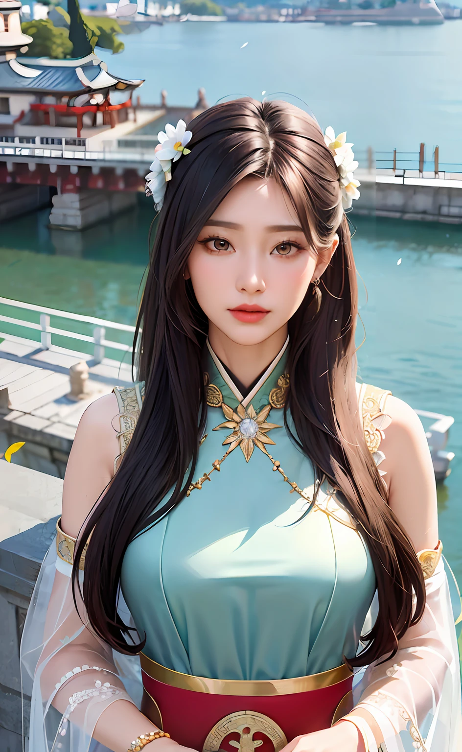Upper body, masterpiece, superlative, (realism: 1.4), high resolution, long hair, jewelry hairpin, breast enlargement, riverside rock or temple or bridge, hanstyle, hanfu, hanfu, see-through, open-chest outfit sexy perspective, flower petals falling. Transparent tulle