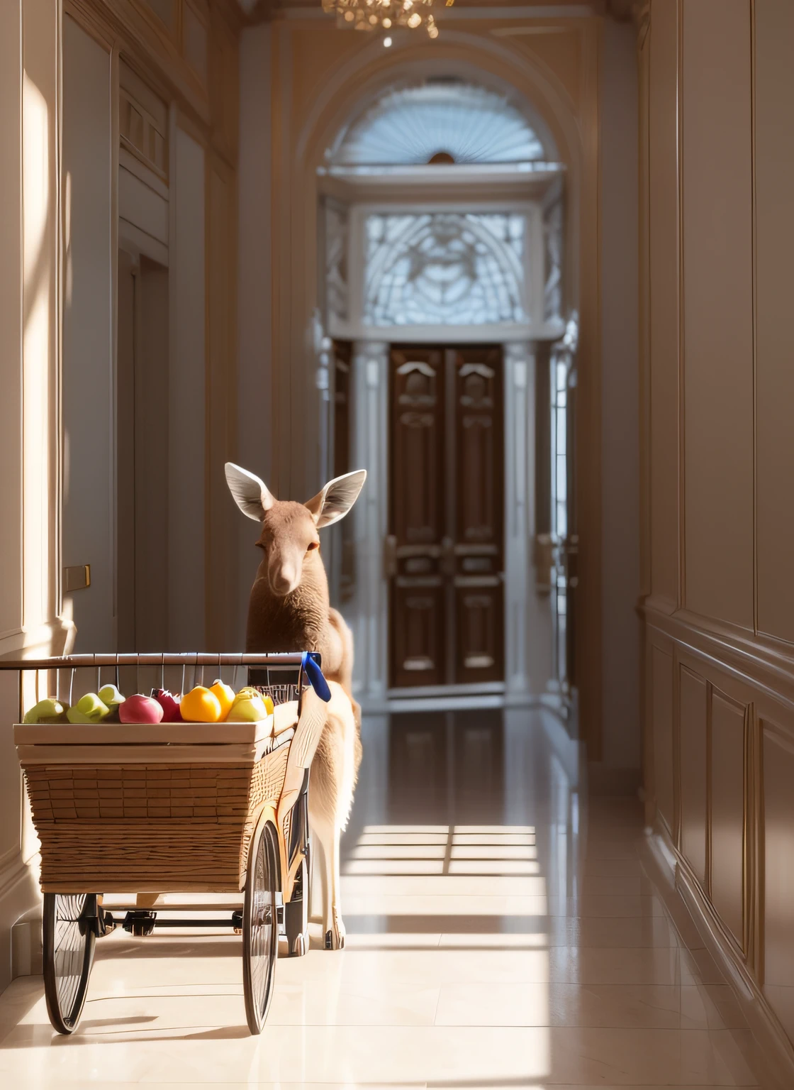 (Extremely detailed CG Unity 8k wallpaper, masterpiece, best quality, super detailed), (best lighting, best shadow, extremely delicate and beautiful), floating, in the lobby of the building, depth of field, gentle and cute, an Australian kangaroo pushing a cart with a cart of fruit, bright and vivid colors, Jetaudio Plus filter effect.