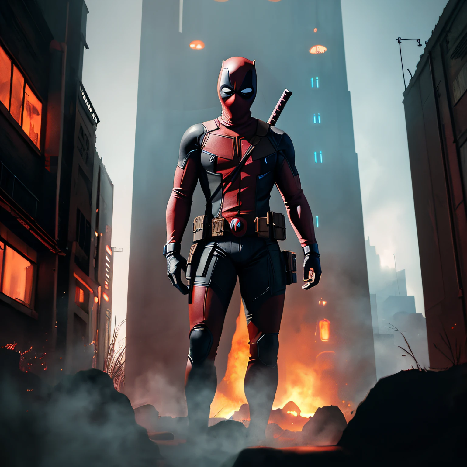 Full-length shot of Deadpool from Marvel looking into the center camera, perfect composition, beautiful detailed, intricate, insanely detailed octane render popular on ArtStation, 8K art photography, photorealistic concept art, soft natural volumetric cinematic perfect light, chiaroscuro, award-winning photography, masterpiece, oil on canvas, Raphael, Caravaggio, Greg Rutkowski, Beeple, Beksinski, Giger, ArtStation Trends, Clear Focus,  Studio Photo, Intricate Details, High Detail, City Night Background, Greg Rutkowski