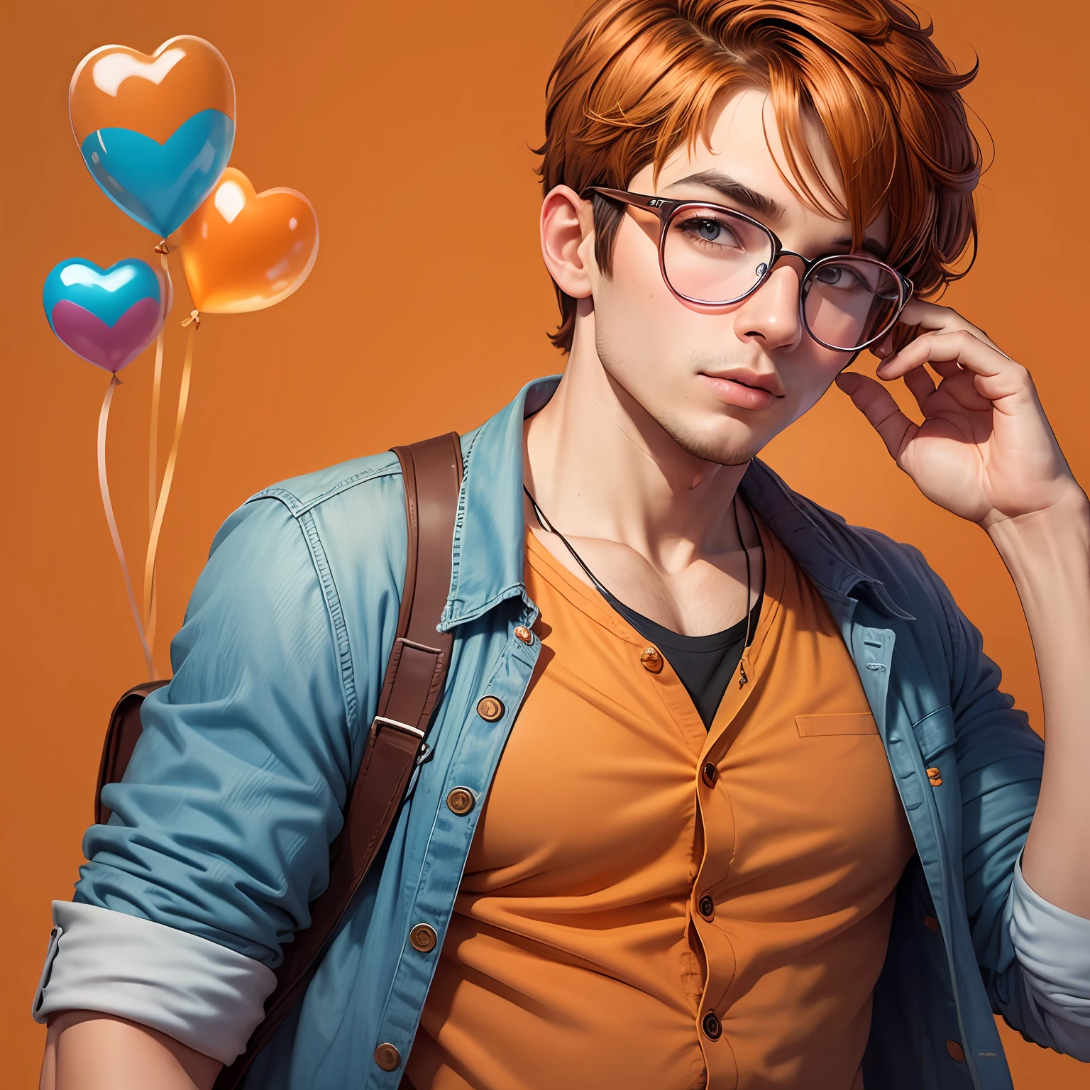 male slightly chubby, solo, colored glasses, brunette hair, orange background, heart, short hair, backpack, nail polish, bubblegum, hold, sunglasses, polka dots, polka dot shirt, upper body, balloon, shirt, looking at the audience, orange glasses, lips, bubbles, short hair, round glasses, simple background, parted lips, hands raised, round glasses, nose, orange glasses, blue shirt, buttons --auto --s2