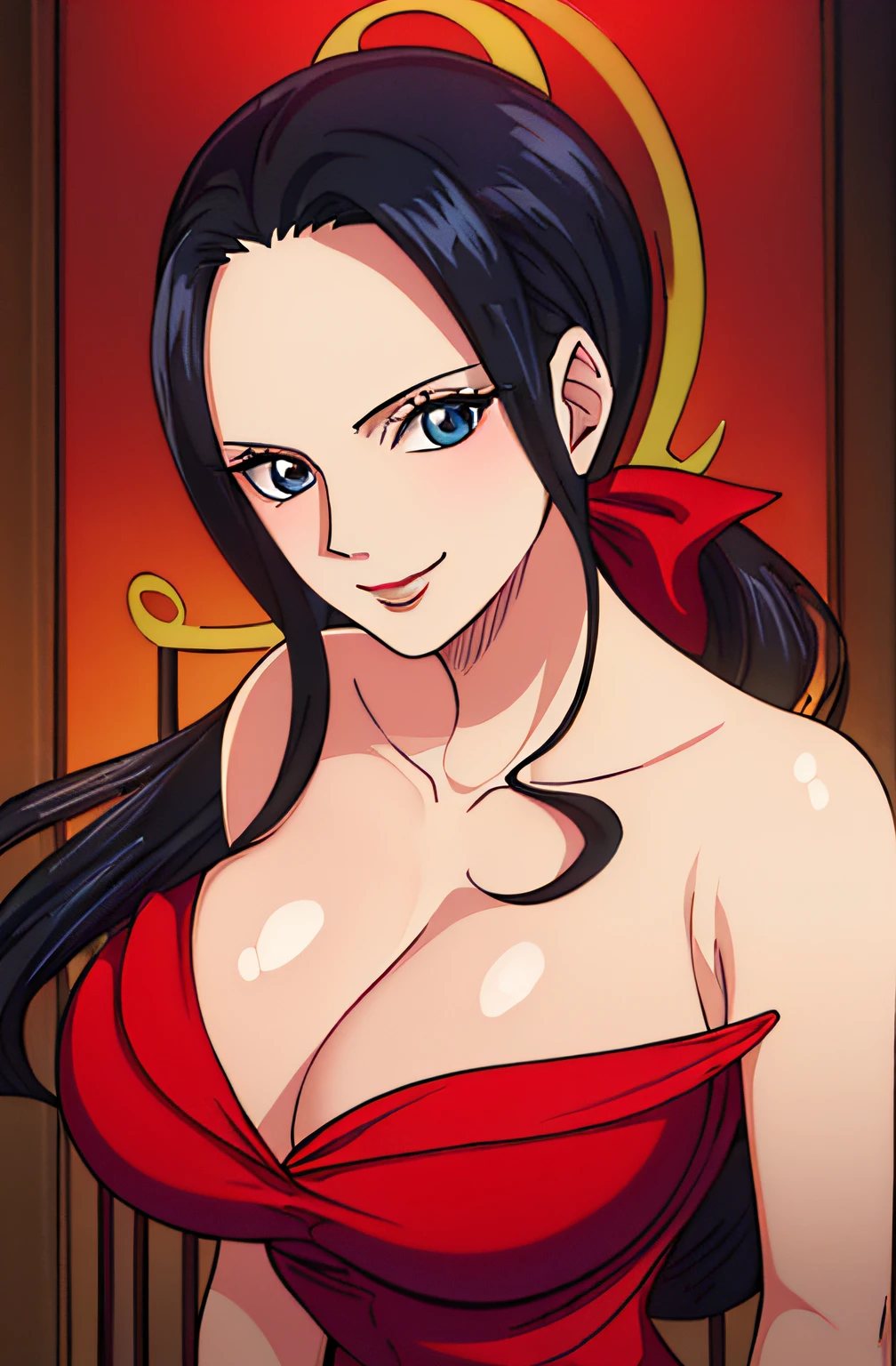 ((masterpiece:1.3,best quality:1.2)), solo, nico robin, (30 years old lady:1.3), (black hair color)), (milf:1.3), (busty), (large_breasts:1.4), naughty smile, long red gown, cleavage, indoor, ((masterpiece)), (good composition), standing, cowboy_shot, (perfect face)