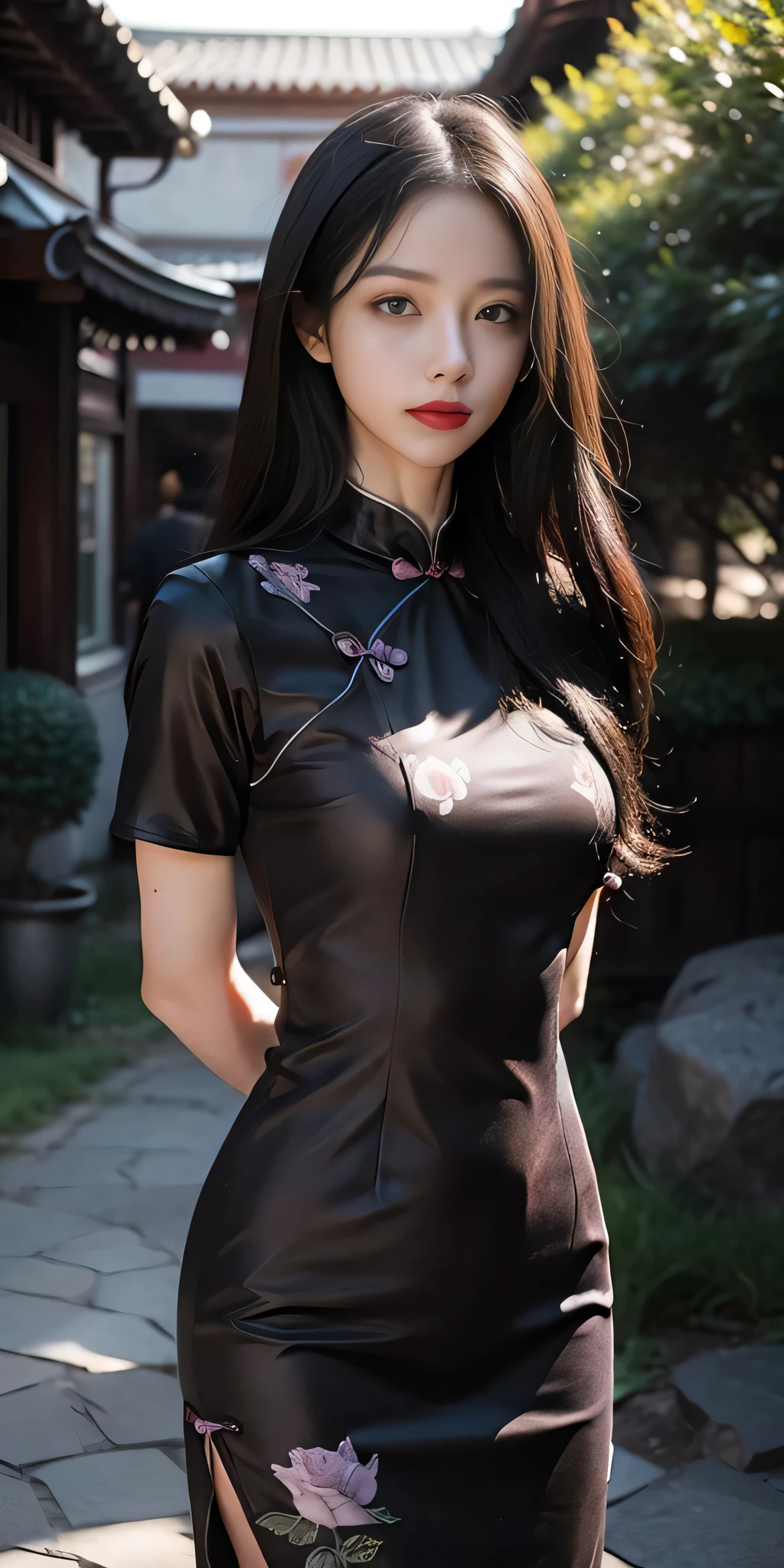 (purple printed china dress),1 girl, (arms behind back:1.1),(realistic:1.7),((best quality)),absurdres,(ultra high res),(photorealistic:1.6),photorealistic,octane render,(hyperrealistic:1.2), (photorealistic face:1.2), (8k), (4k), (Masterpiece),(realistic skin texture), (illustration, cinematic lighting,wallpaper),( beautiful eyes:1.2),((((perfect face)))),(cute),(standing),(black hair),long hair,black eyes, red lips, (outdoors),