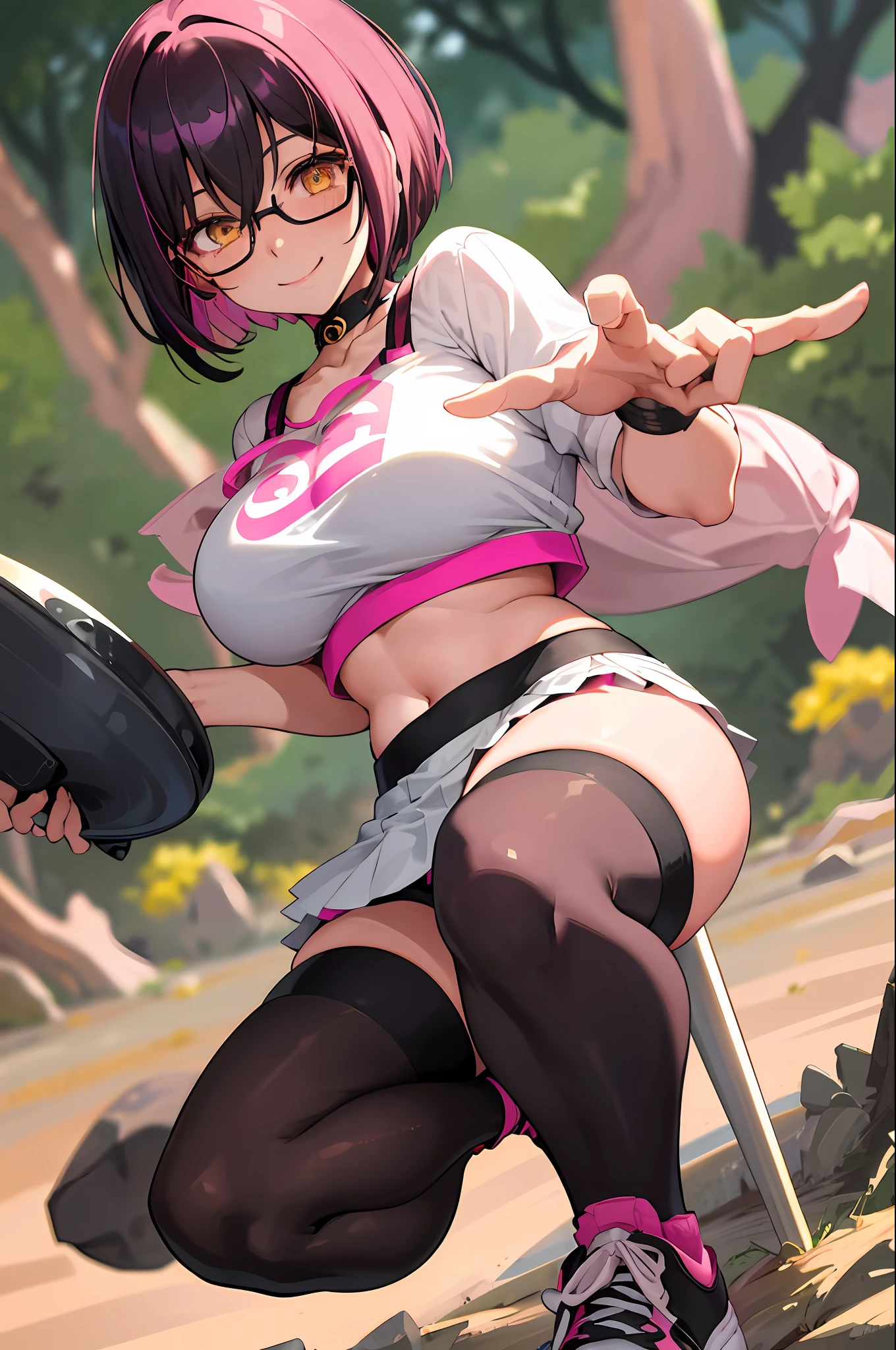 1 girl smiling, golden eyes, pink and black hair, short hair bob cut, big breasts, thick thighs, crop top, mini skirt, thigh stockings, glasses, choker, forest background, blurred bottom, all-star sneakers