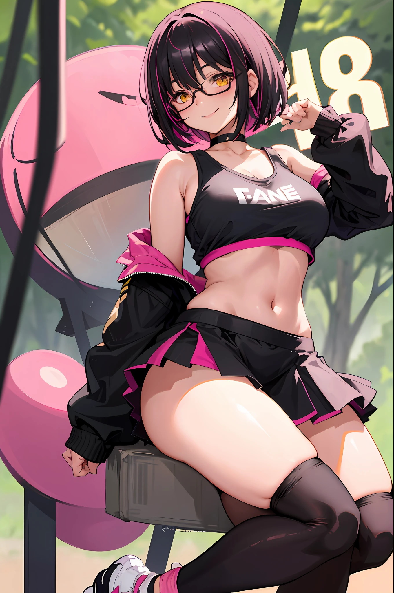 1 girl smiling, golden eyes, pink and black hair, short hair bob cut, big breasts, thick thighs, crop top, mini skirt, thigh stockings, glasses, choker, forest background, blurred bottom, all-star sneakers