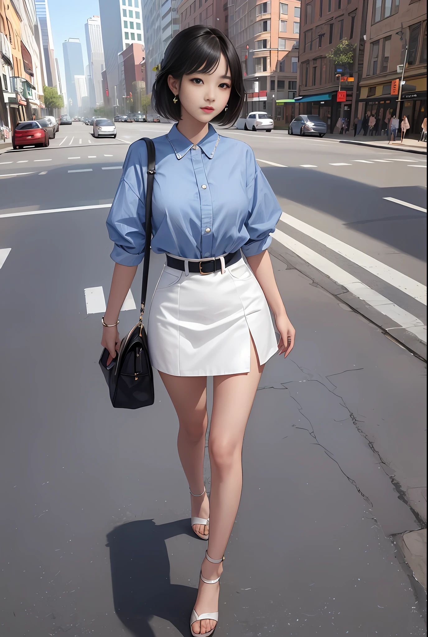 there is a woman walking down the street with a bag, short dress, ulzzang, beautiful image, Jean trouser,  light half opened dress, photo of slim girl, beautiful short skirt, dressed with long fluent clothes,  in the city,  back pose, (hyperrealistic), (illustration), (high resolution), (8K), (extremely detailed), (best illustration), (beautiful detailed eyes), (best quality), (ultra-detailed), (masterpiece), (wallpaper), (detailed face)